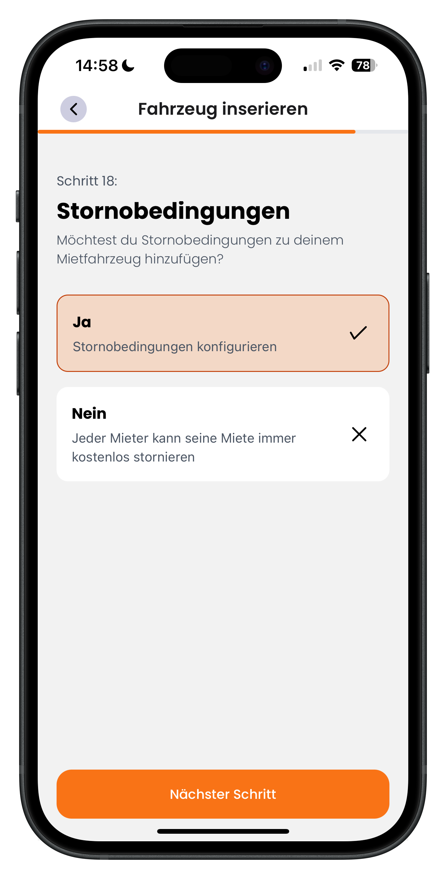 Auswahl ob Stornobedingungen konfiguriert werden mit Ja und Nein