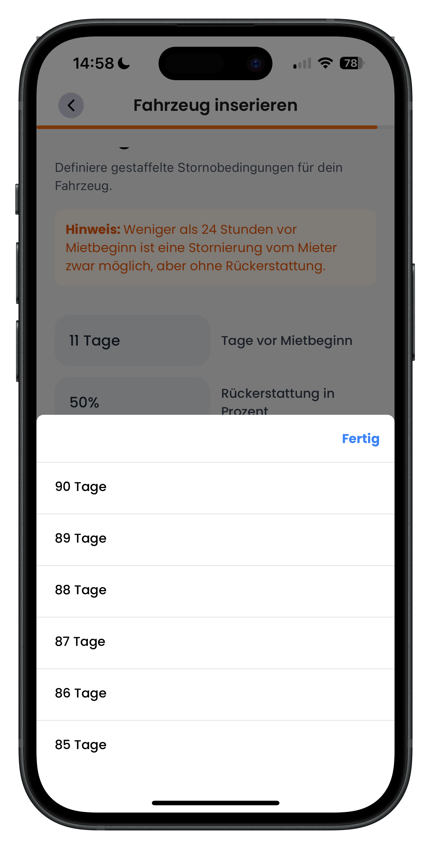 Konfiguration einer Storno-Staffel mit Tagen vor Mietbeginn und Rückerstattung in Prozent