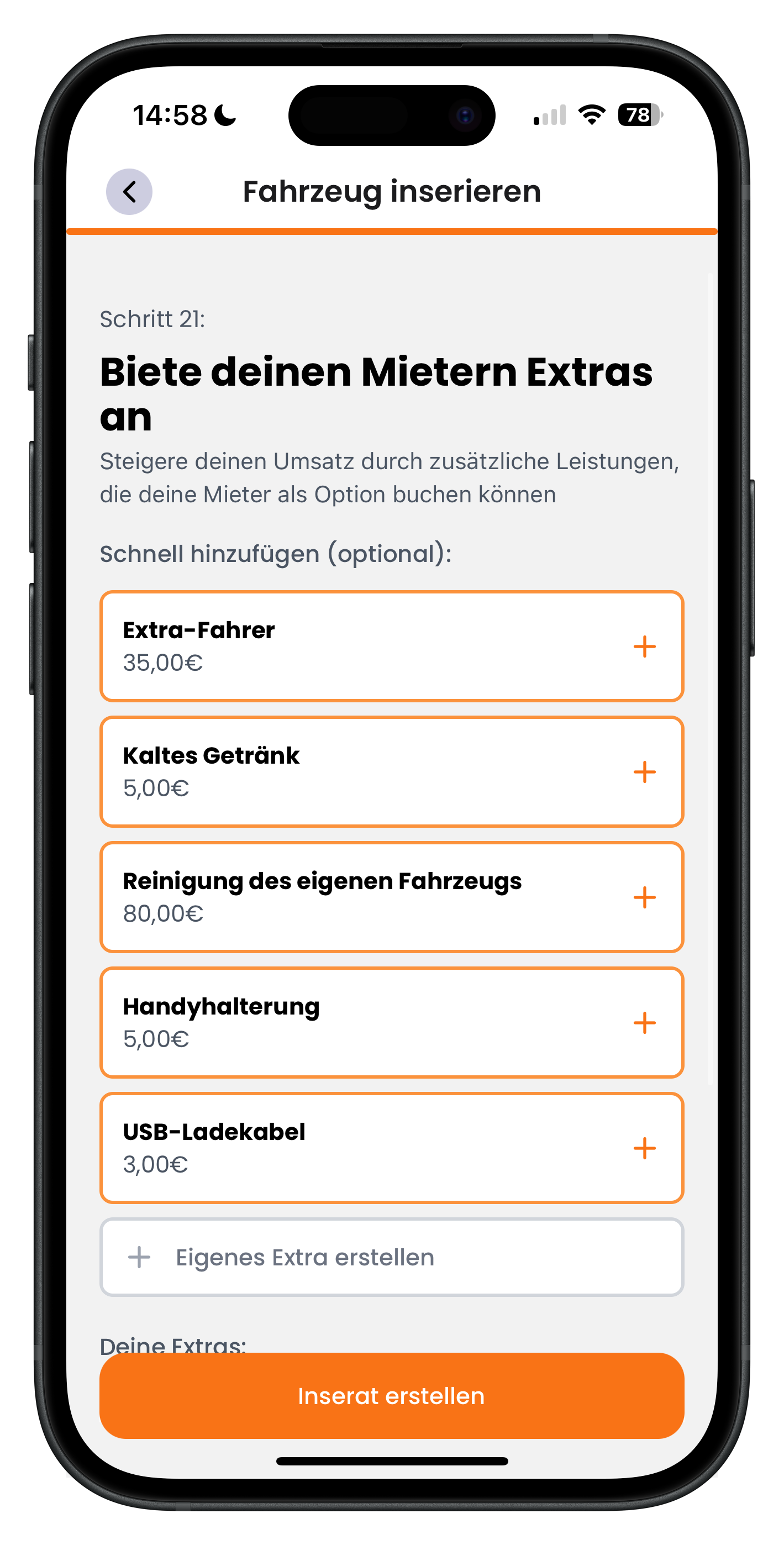 Auswahl von Extras wie Extra-Fahrer und Getränke sowie Button Inserat erstellen