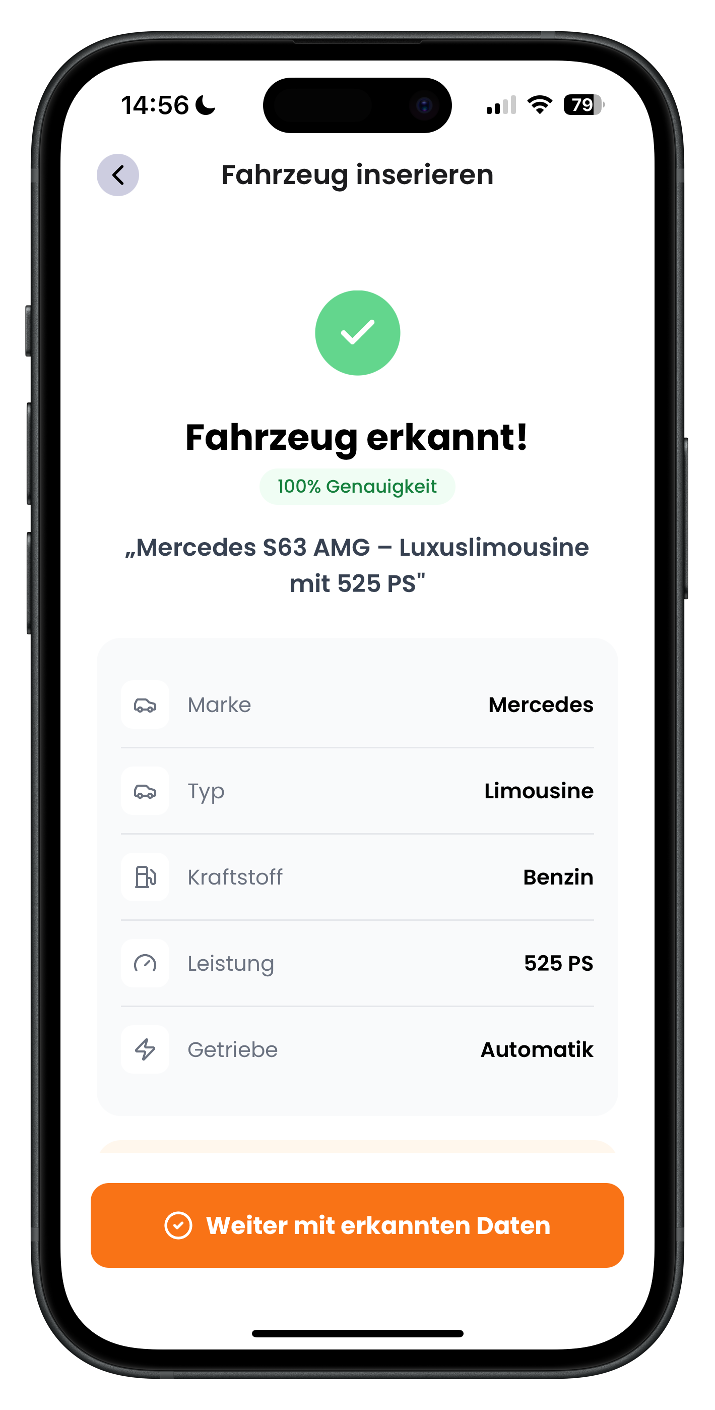 Bestätigung der vom Fahrzeugschein erkannten Fahrzeugdaten mit grünem Haken