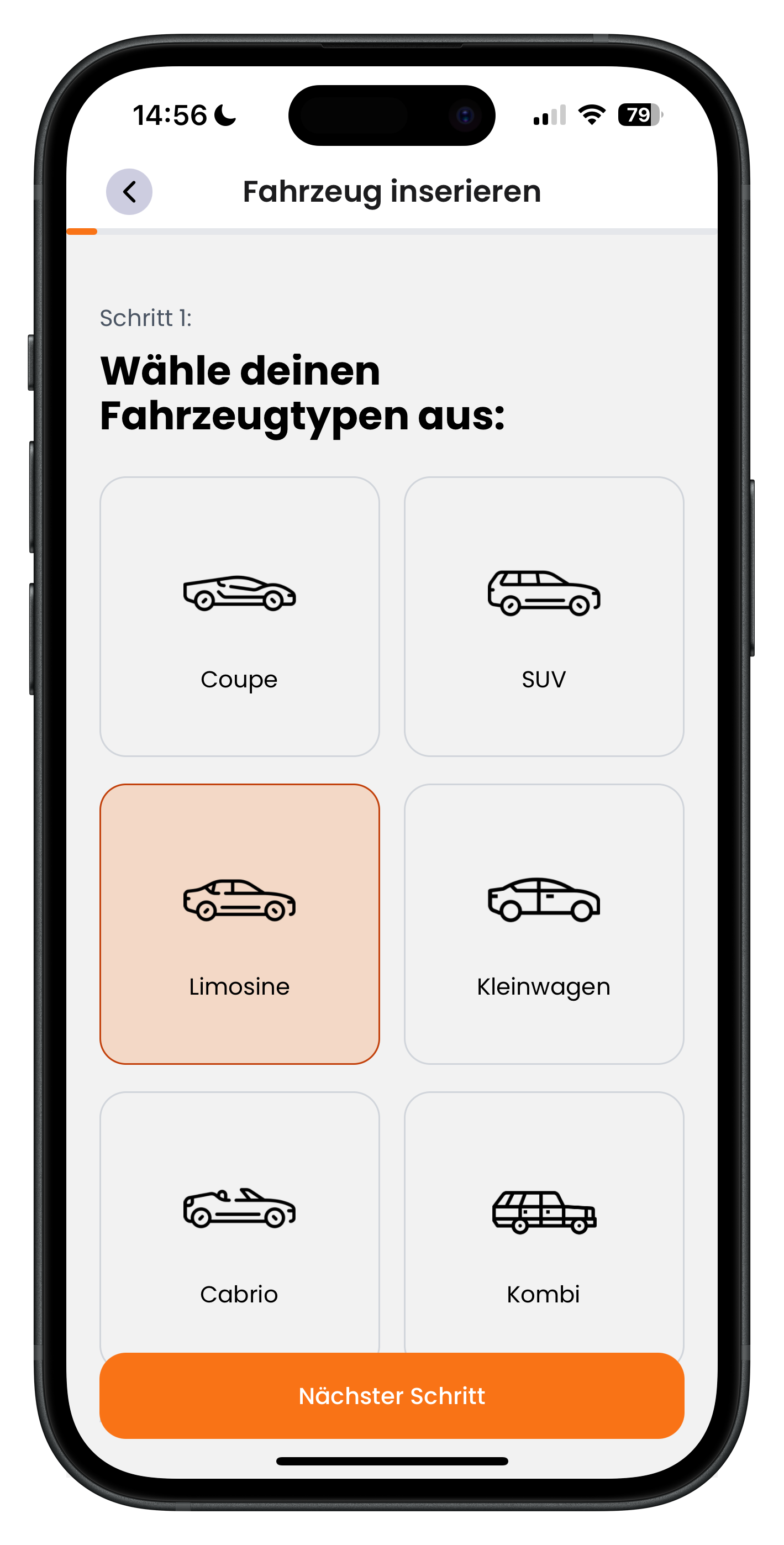 Auswahl des Fahrzeugtyps mit Kacheln für Coupe, SUV, Limosine, Kleinwagen, Cabrio und Kombi