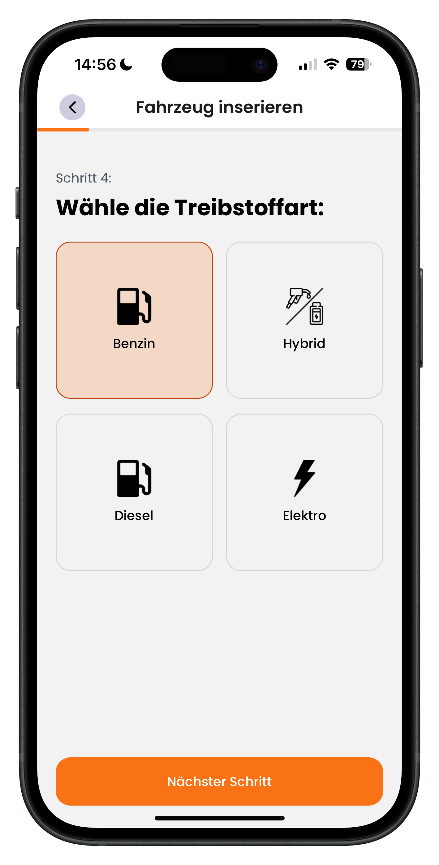 Auswahl der Treibstoffart mit Optionen Benzin, Hybrid, Diesel und Elektro