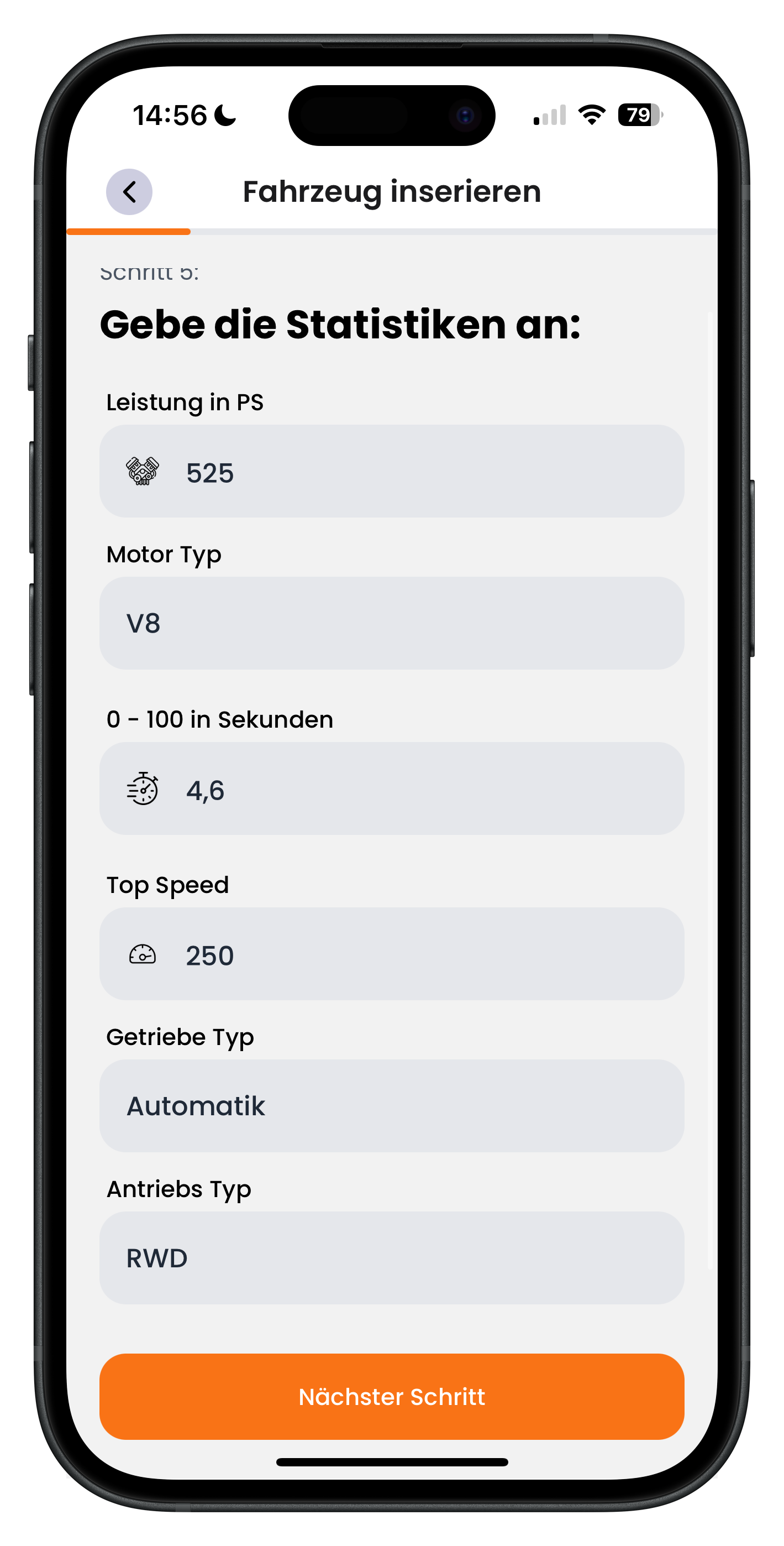 Eingabe der Motordaten wie PS, Motortyp, 0-100, Top Speed, Getriebe und Antrieb