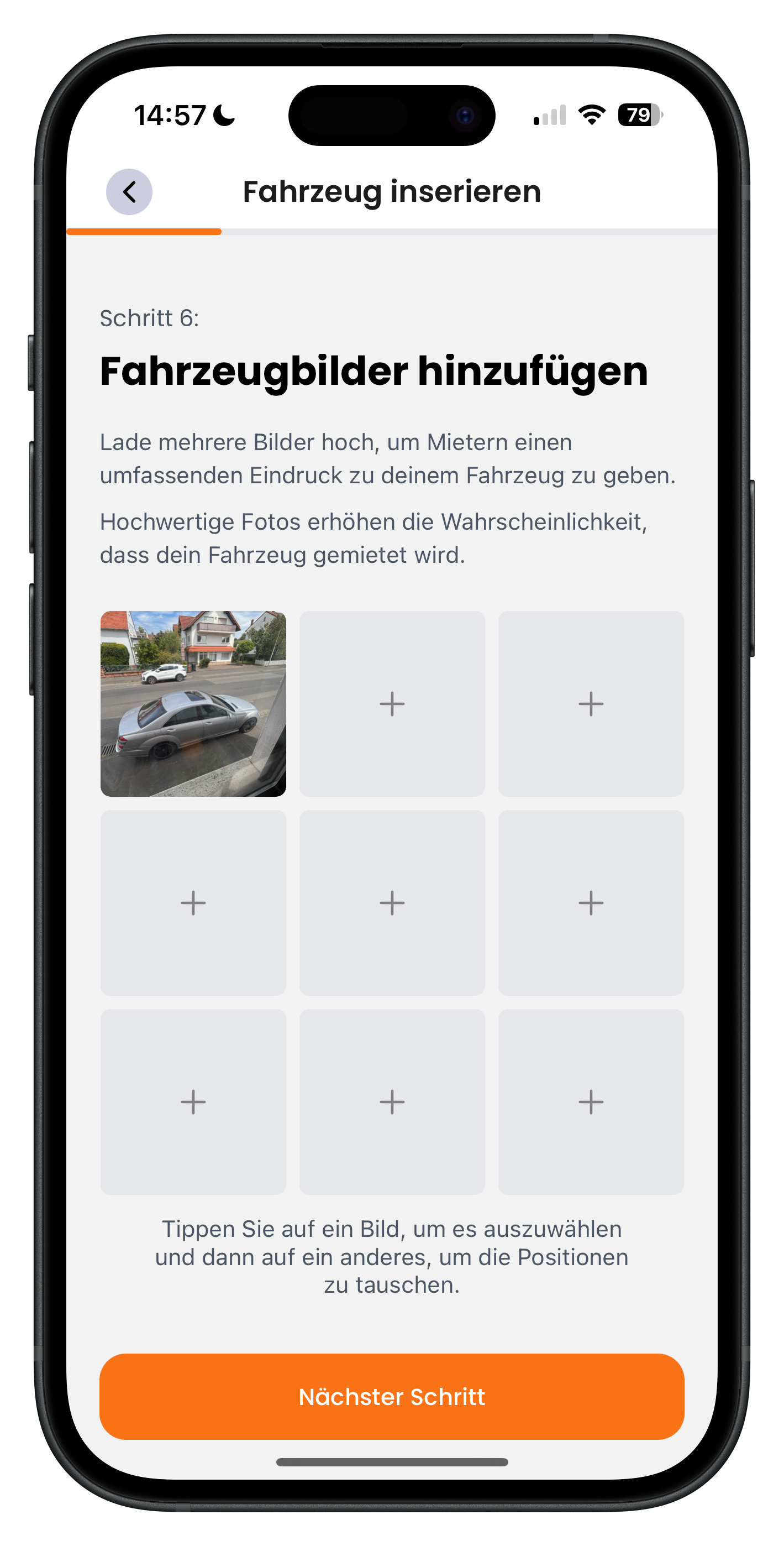 Raster zum Hochladen von bis zu neun Fahrzeugbildern aus der Galerie