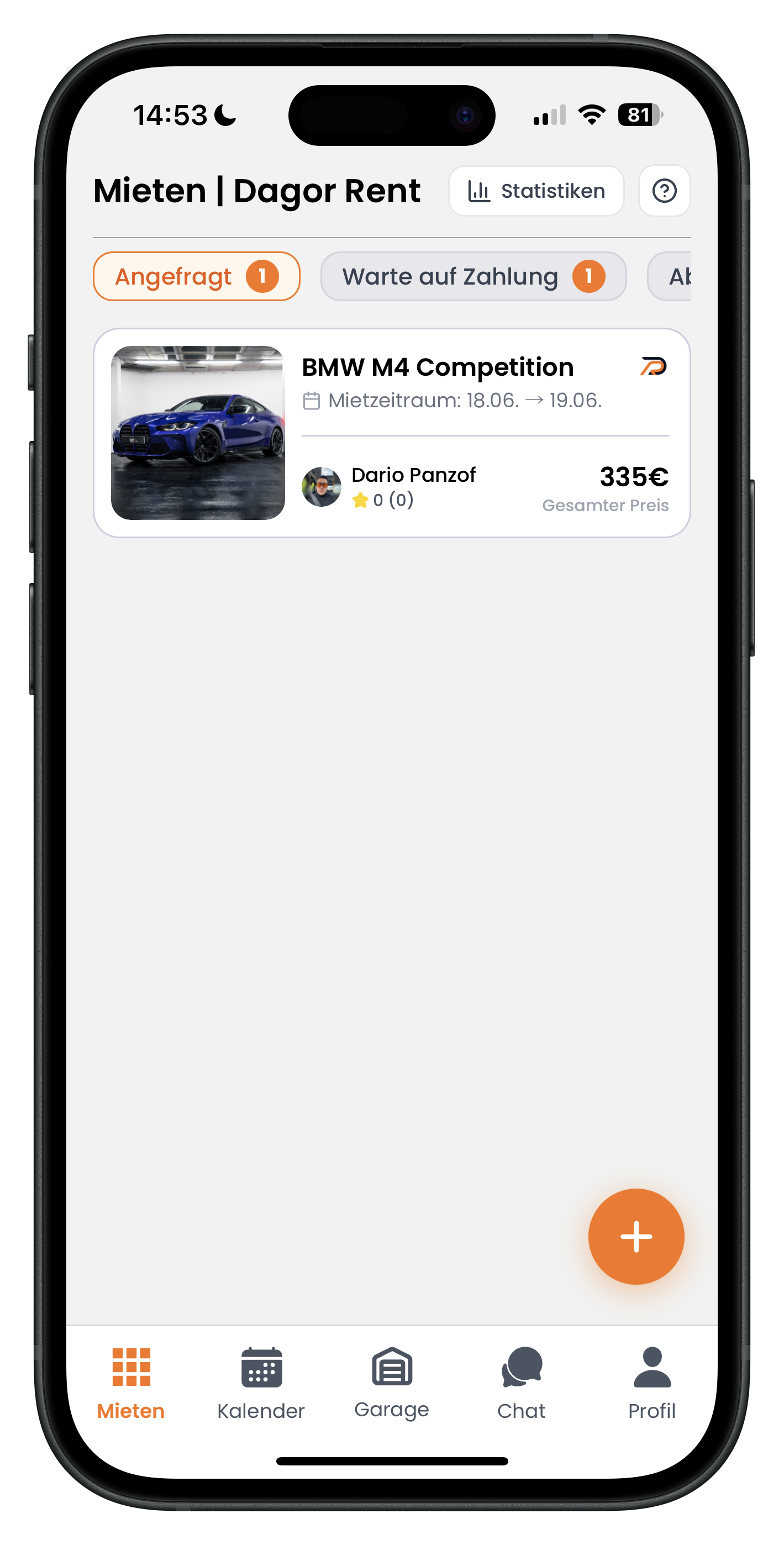 Vermieter-Dashboard mit Tab Angefragt und einer neuen Anfrage für einen BMW M4 Competition
