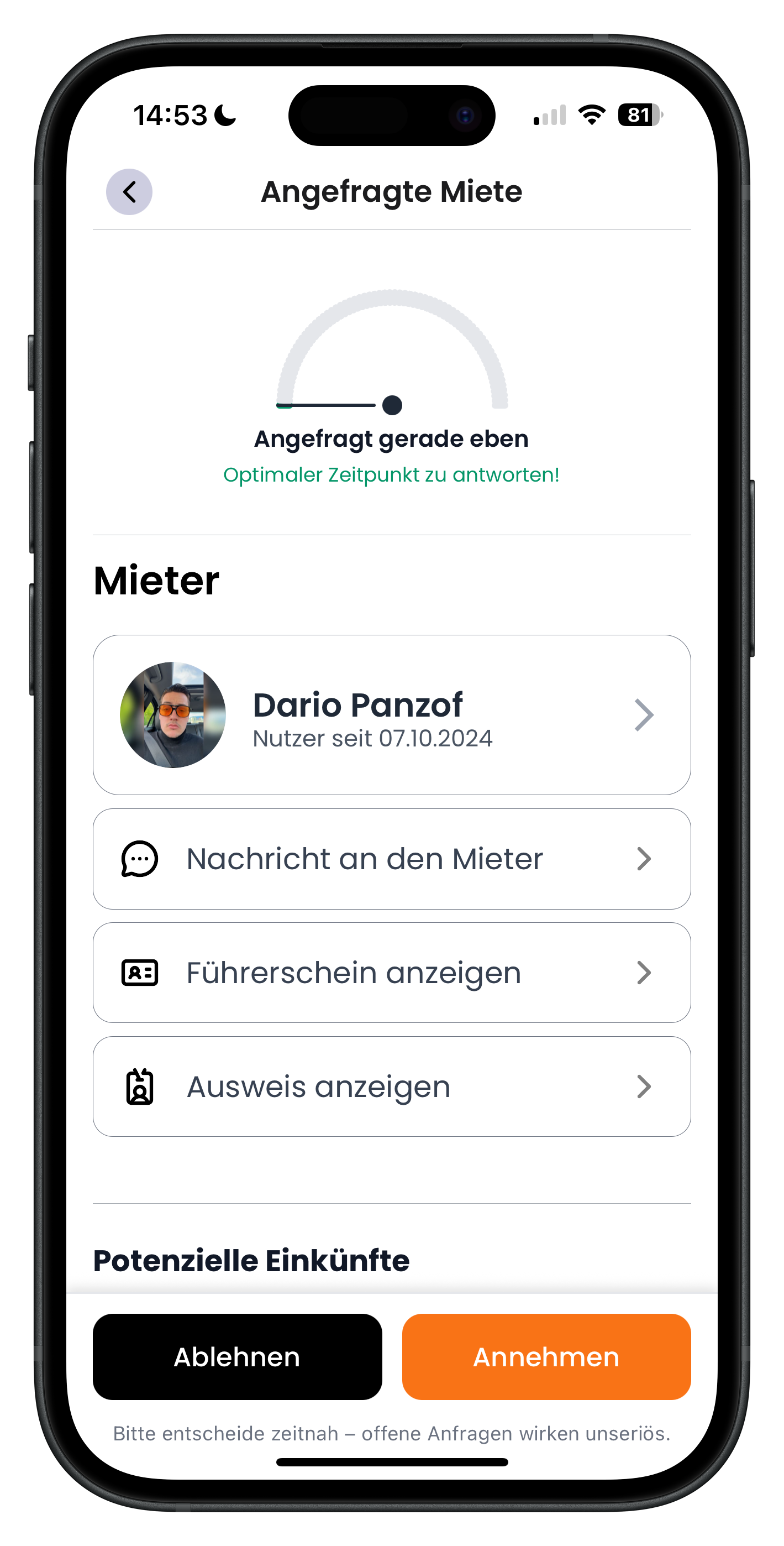 Mieter-Bereich mit Reaktionszeit-Anzeige Angefragt gerade eben, Mieterprofil und Buttons für Nachricht, Führerschein und Ausweis