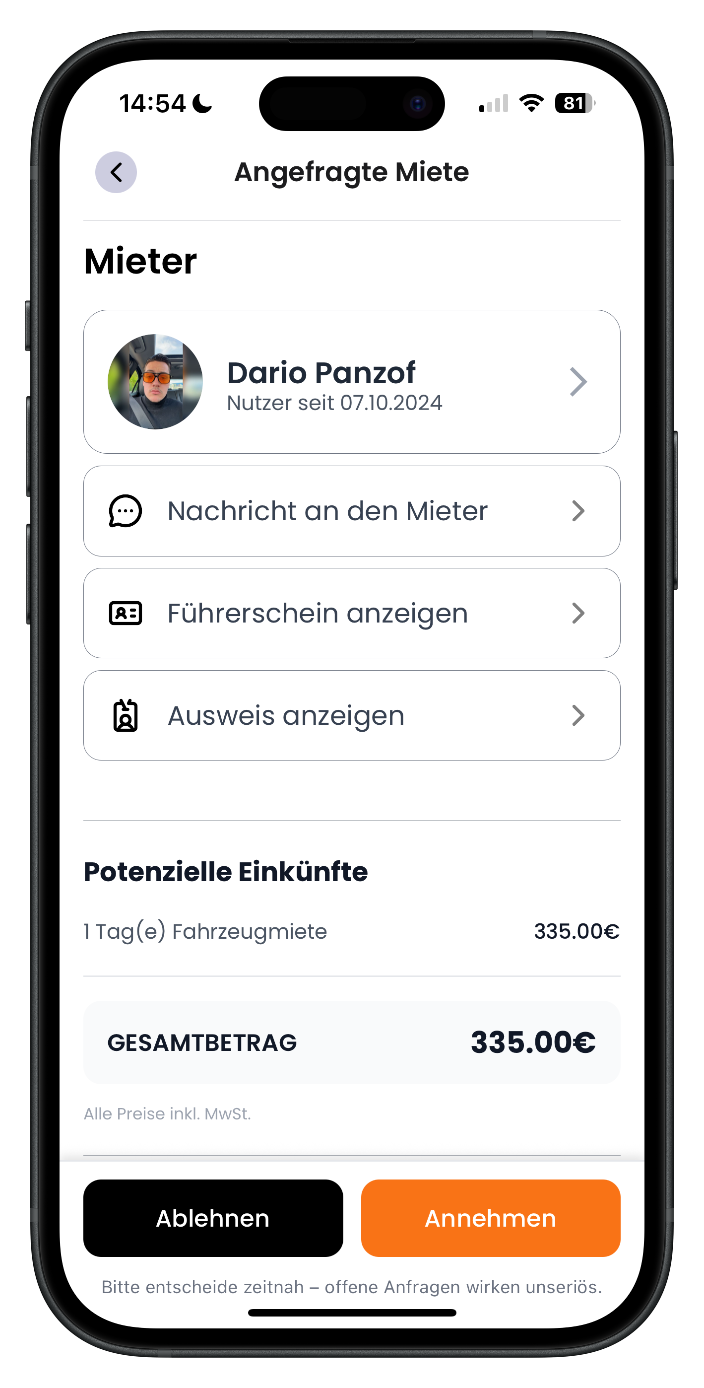 Preisaufstellung mit Fahrzeugmiete und Gesamtbetrag von 335 Euro inklusive Mehrwertsteuer