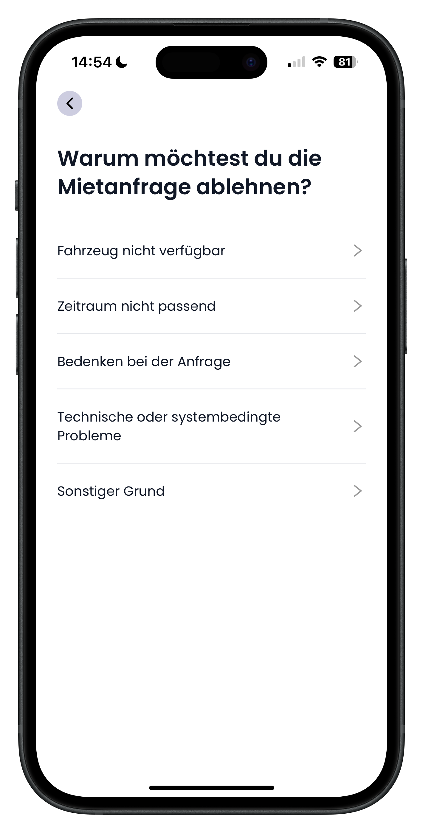 Auswahlliste mit Ablehnungsgründen wie Fahrzeug nicht verfügbar, Zeitraum nicht passend und Sonstiger Grund