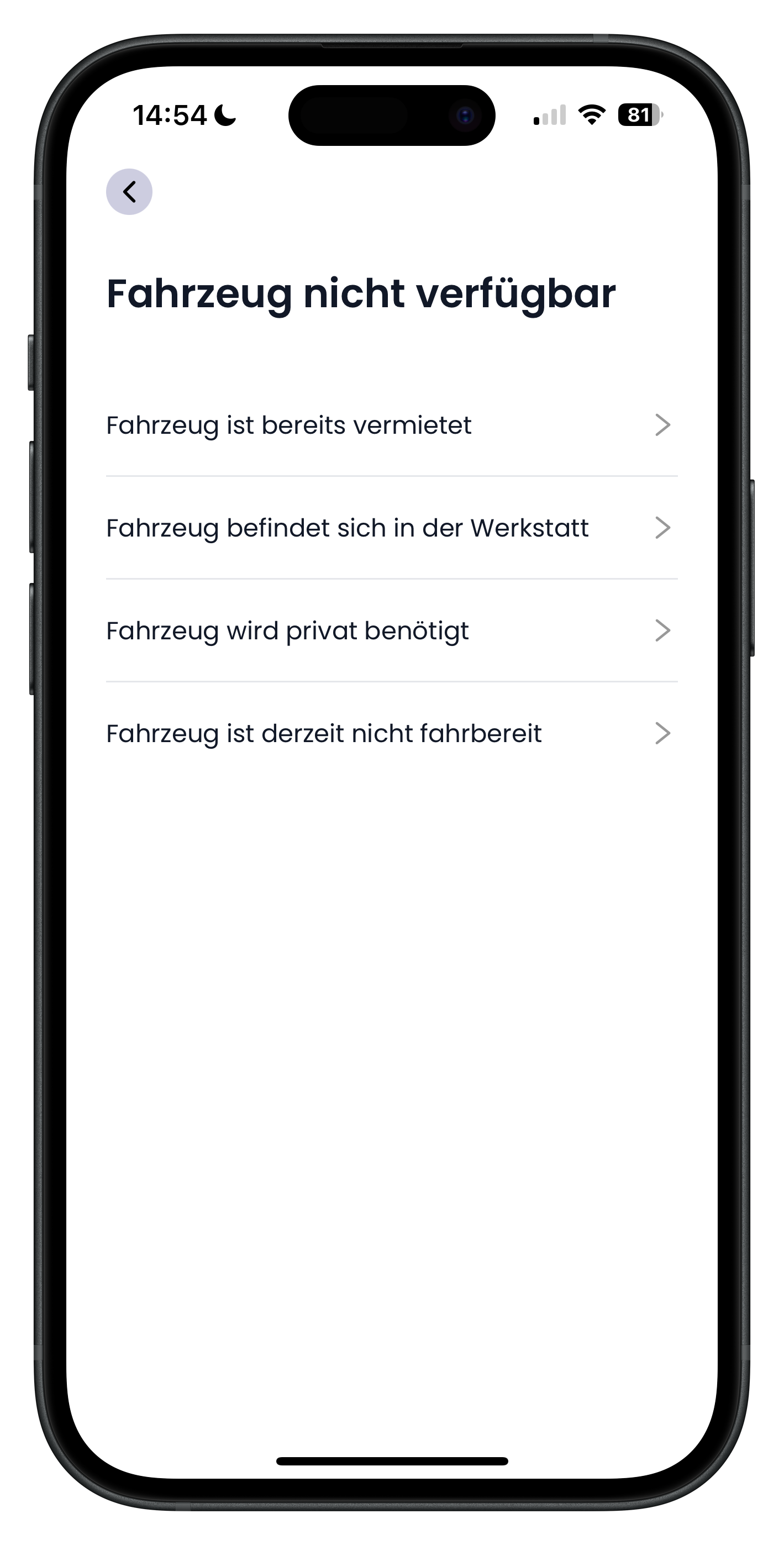 Zweite Auswahlliste unter Fahrzeug nicht verfügbar mit Optionen wie bereits vermietet oder in der Werkstatt