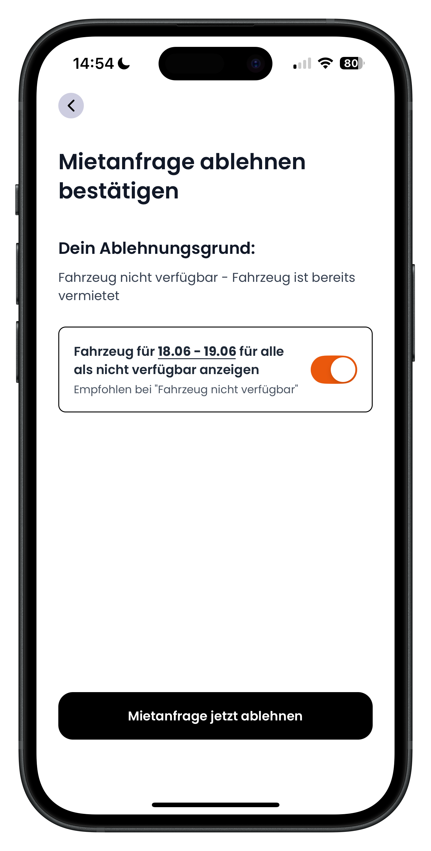 Bestätigungsseite der Ablehnung mit Schalter zum Sperren der Tage und Button Mietanfrage jetzt ablehnen