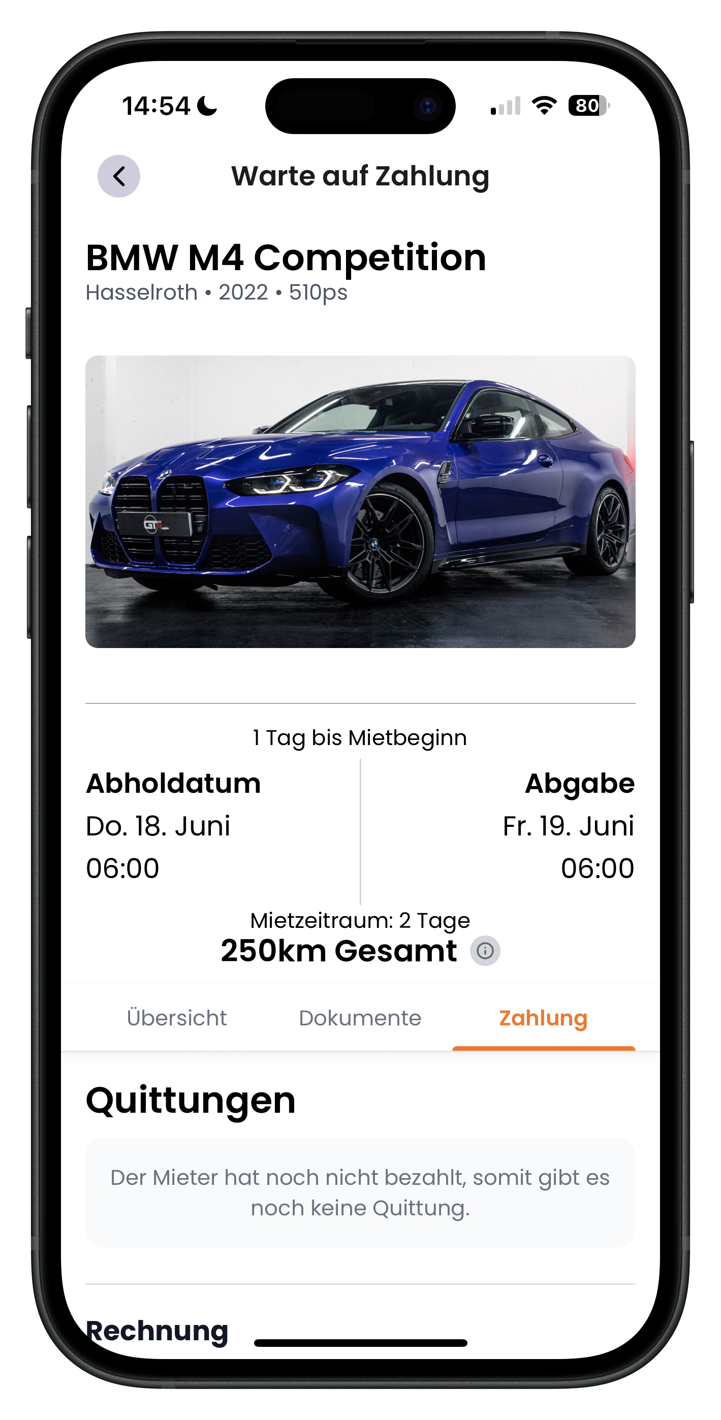 Status Warte auf Zahlung mit Tab Zahlung und Hinweis dass der Mieter noch nicht bezahlt hat