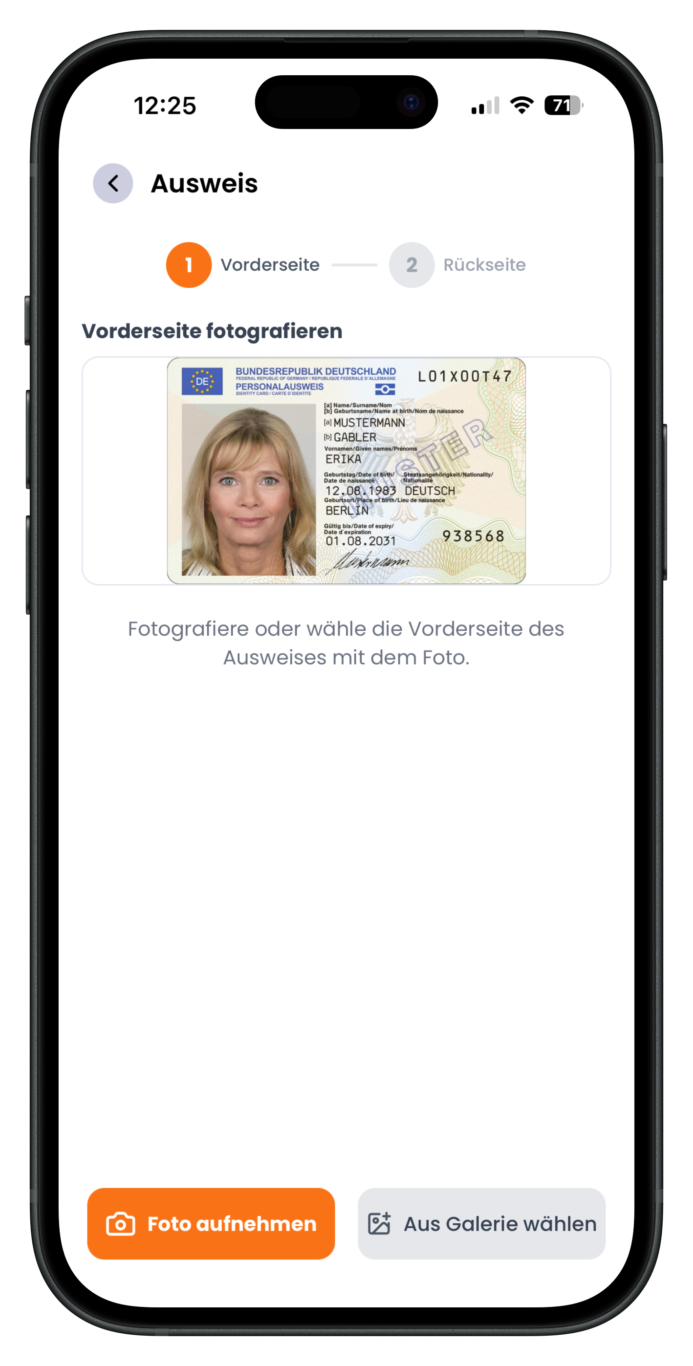 Aufnahme der Ausweis-Vorderseite mit Musterbild und zwei Aufnahme-Buttons