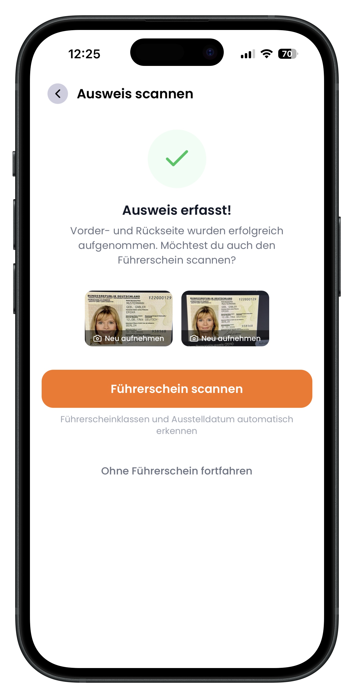 Meldung Ausweis erfasst mit Vorschau beider Seiten und Frage nach dem Führerschein
