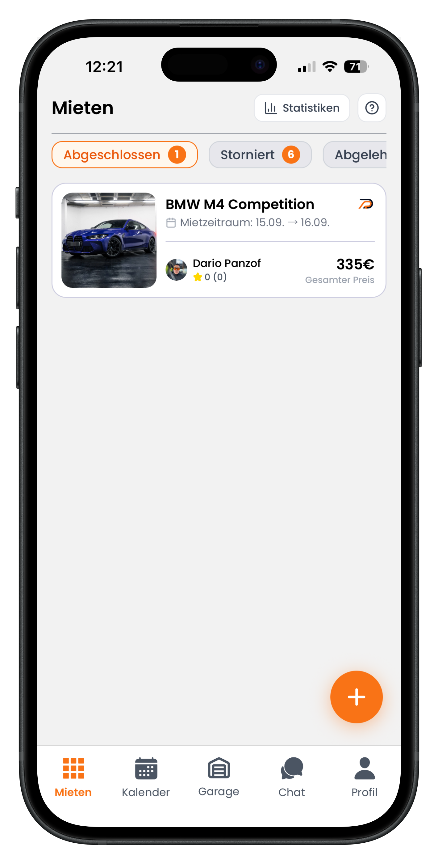 Mieten-Dashboard mit orangefarbenem Plus-Button unten rechts