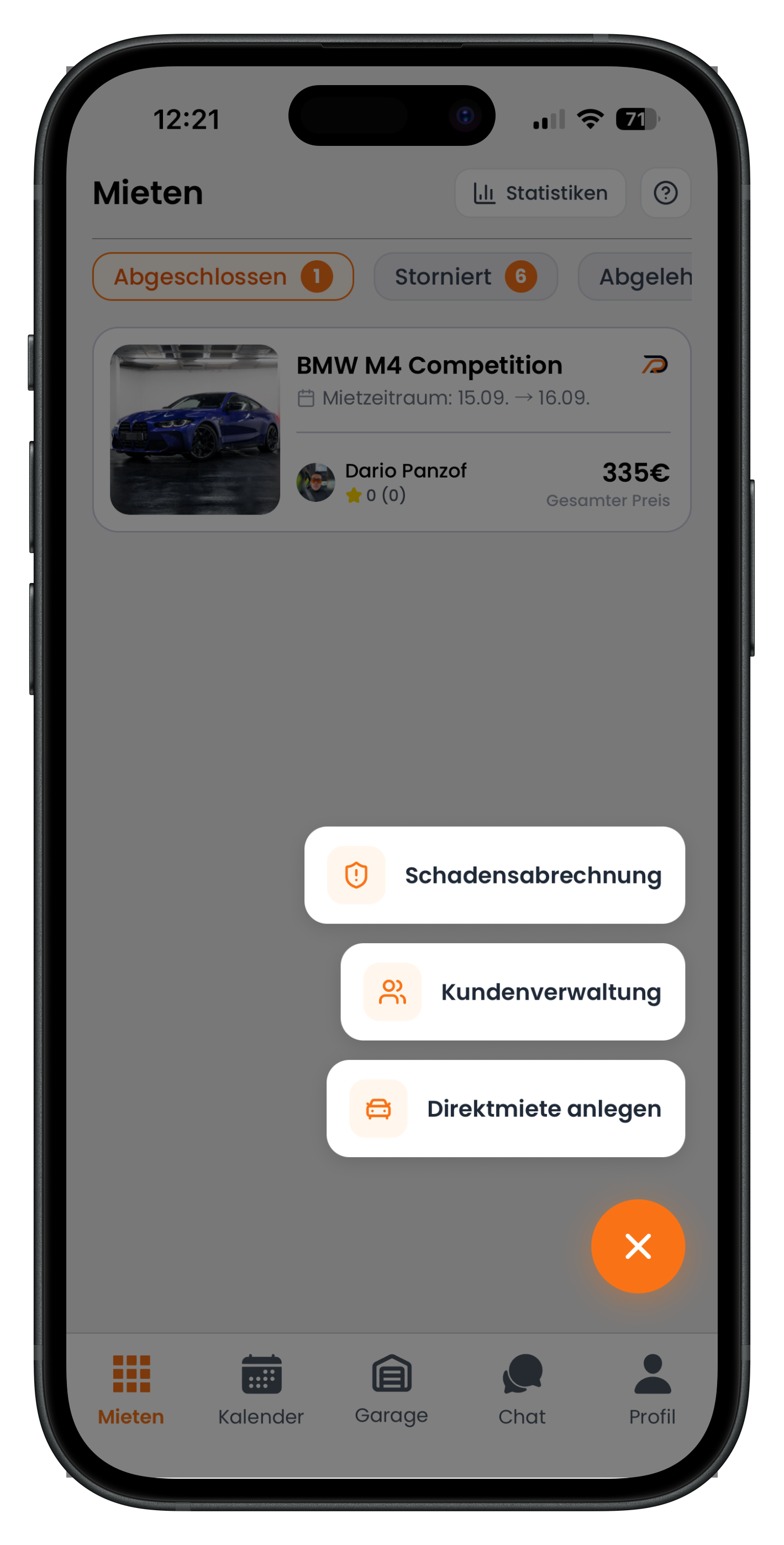 Aufgeklappter Magic Button mit den drei Optionen Schadensabrechnung, Kundenverwaltung und Direktmiete anlegen