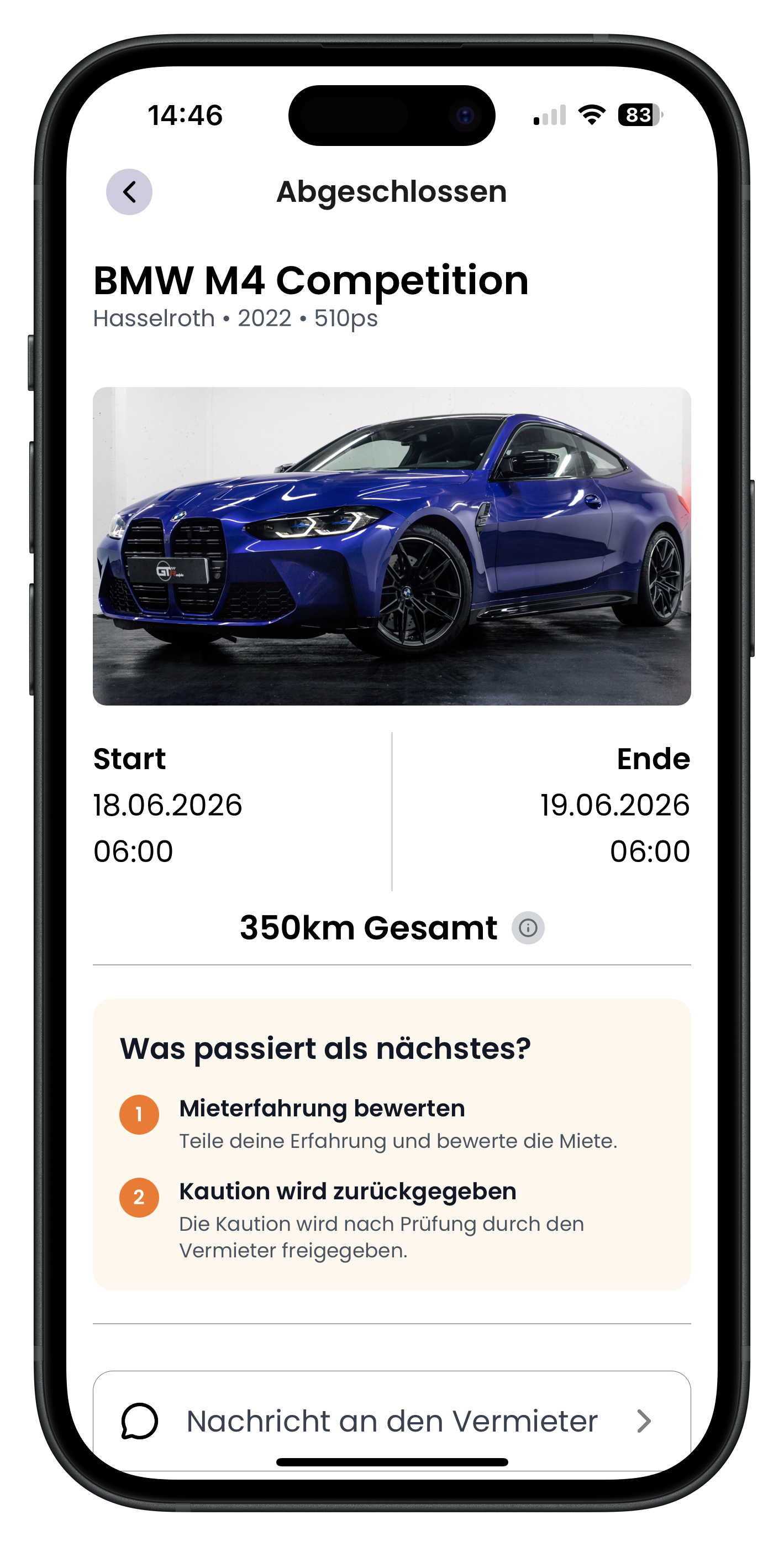 Detailansicht einer abgeschlossenen Miete eines blauen BMW M4 Competition mit Mietzeitraum und der Box Was passiert als nächstes