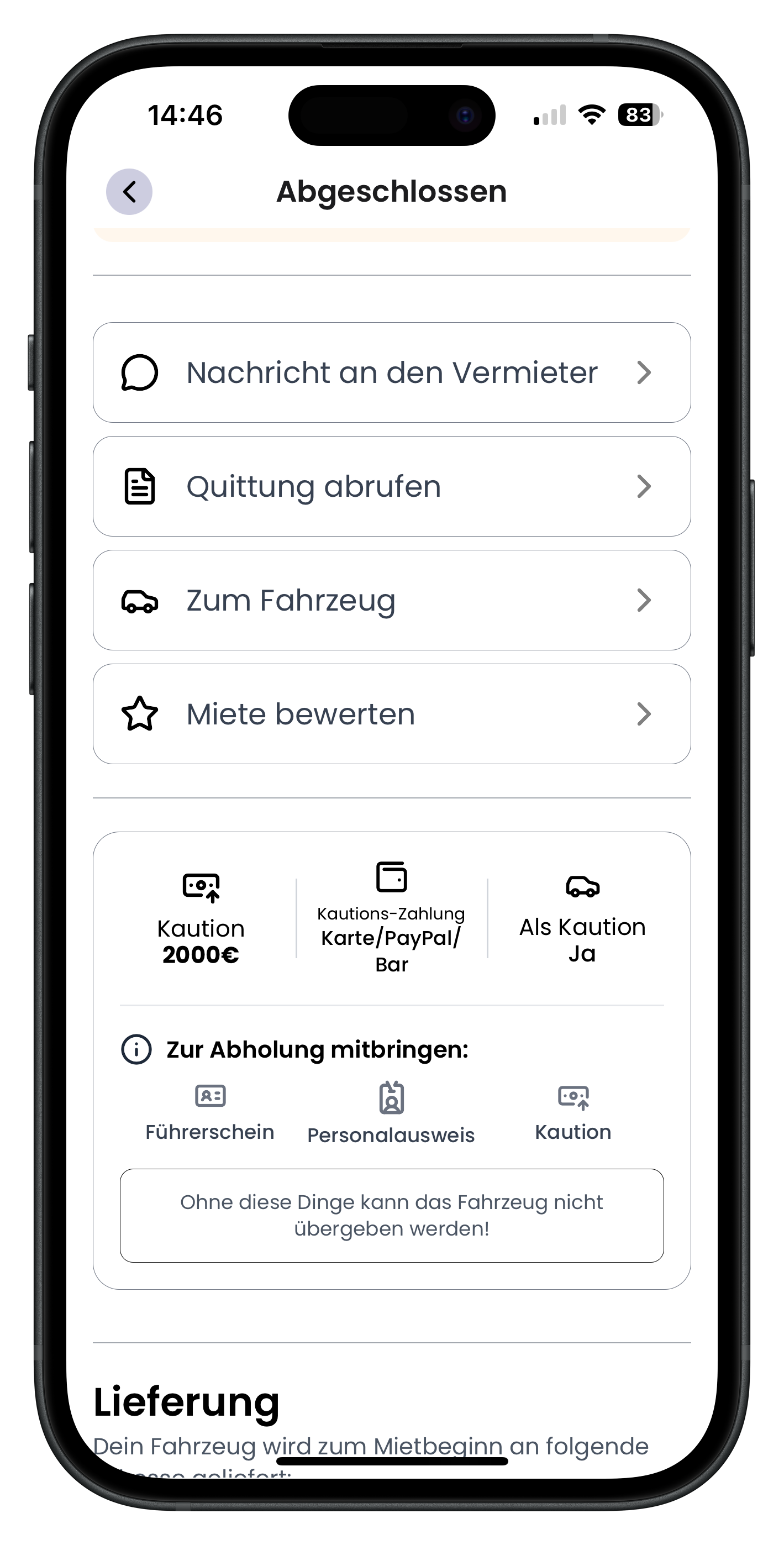 Liste mit Aktionen zur abgeschlossenen Miete inklusive Button Miete bewerten mit Stern-Symbol