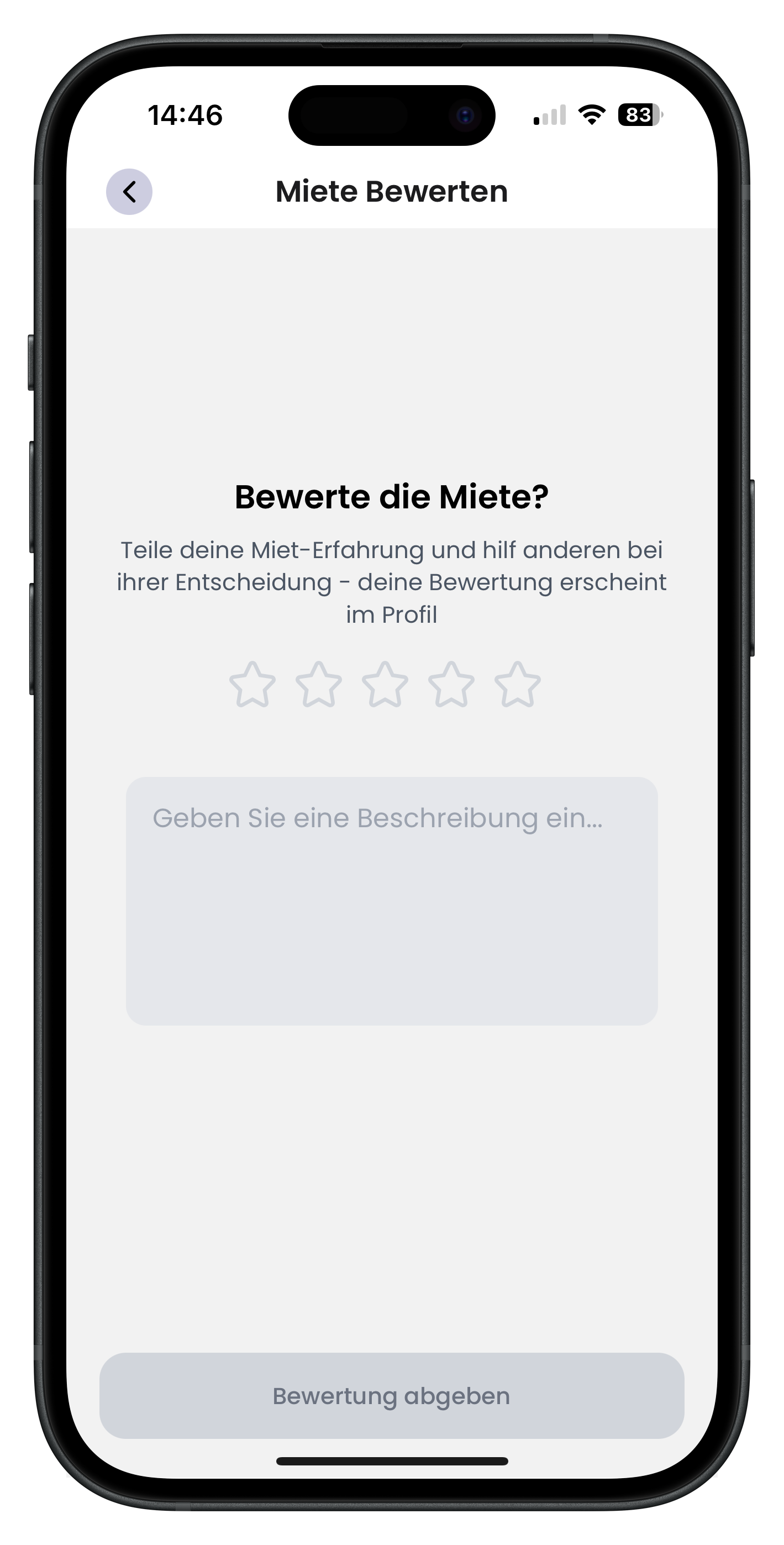 Bewertungsseite Miete Bewerten mit fünf leeren Sternen und einem Textfeld für die Beschreibung