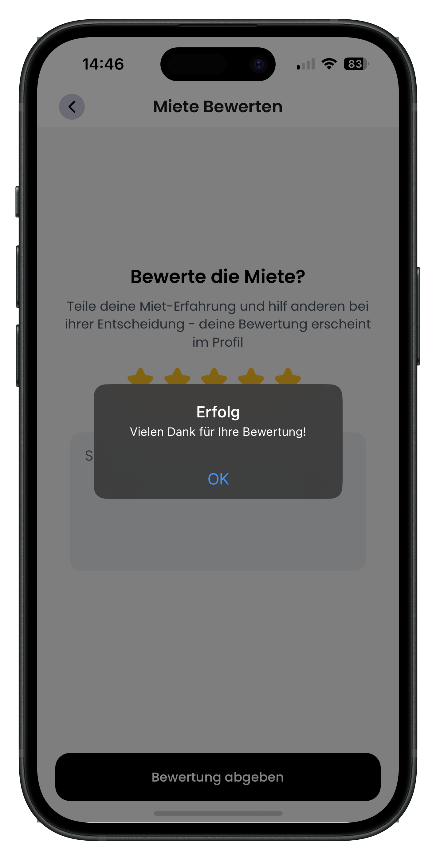 Bewertungsseite mit fünf goldenen Sternen und Erfolgs-Fenster Vielen Dank für Ihre Bewertung mit OK-Button