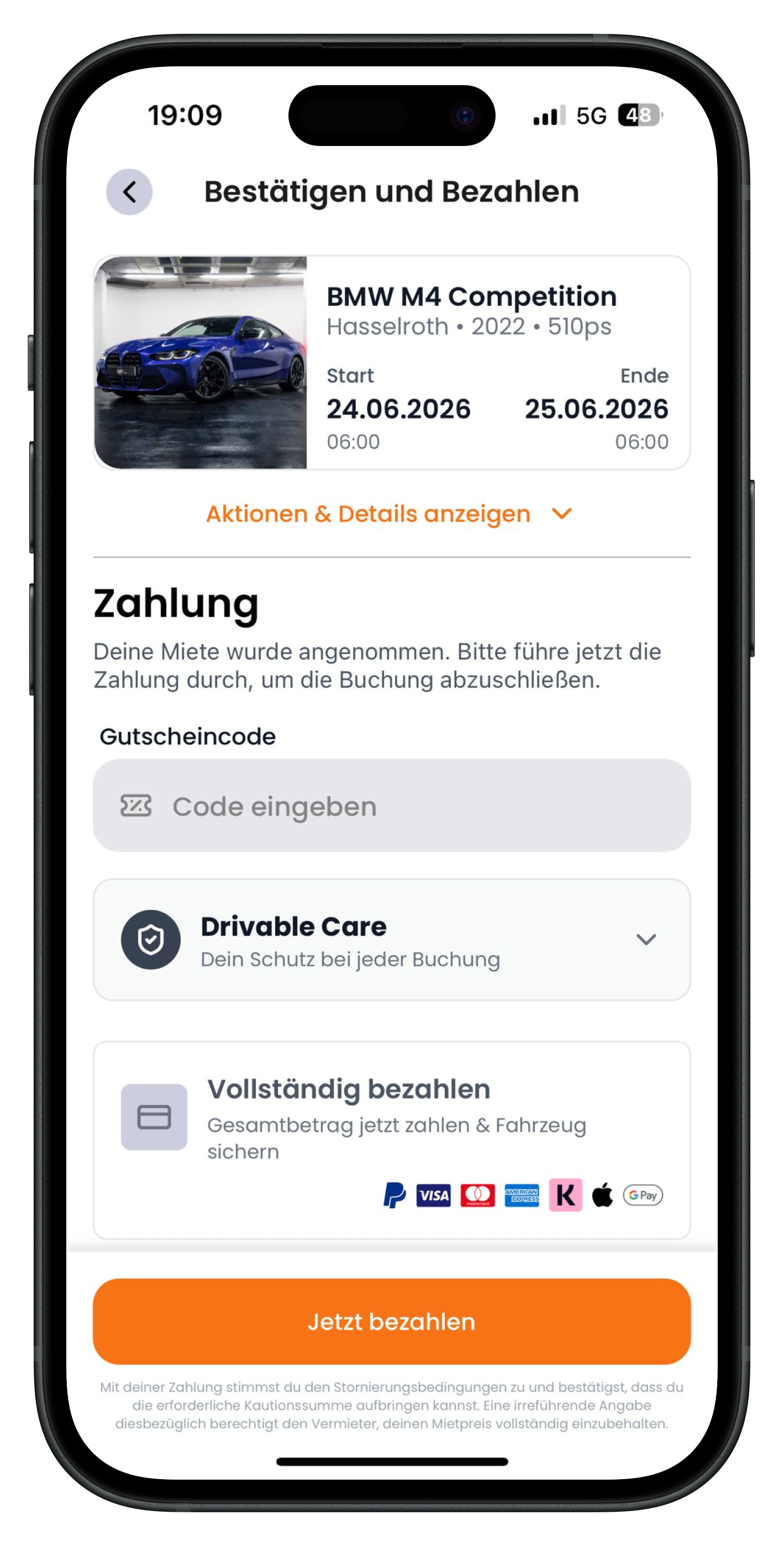 Drivable Screen Bestätigen und Bezahlen mit BMW M4 Competition, Aktionen und Details anzeigen sowie Zahlungsabschnitt