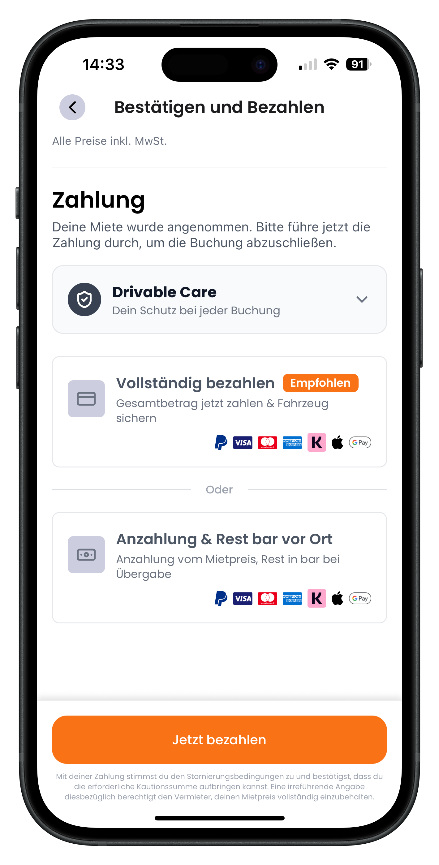Drivable Auswahl zwischen Vollständig bezahlen und Anzahlung und Rest bar vor Ort auf dem Zahlungsscreen