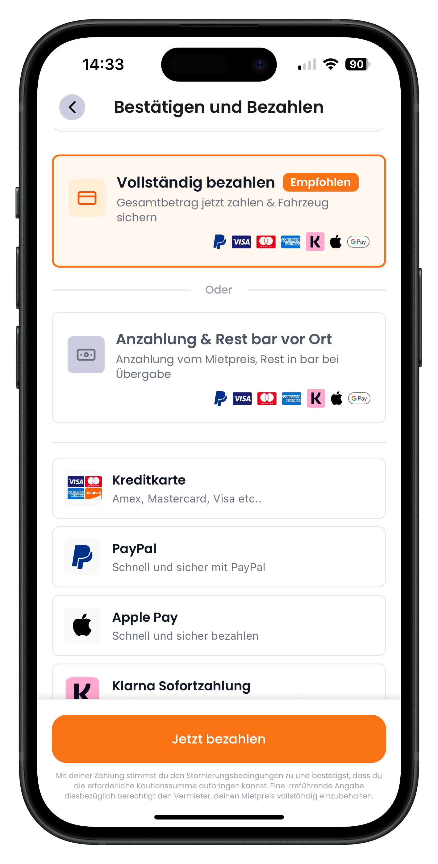 Drivable Zahlungsscreen mit ausgewählter Option Vollständig bezahlen und aufgeklappten Zahlungsmethoden Kreditkarte Apple Pay Klarna