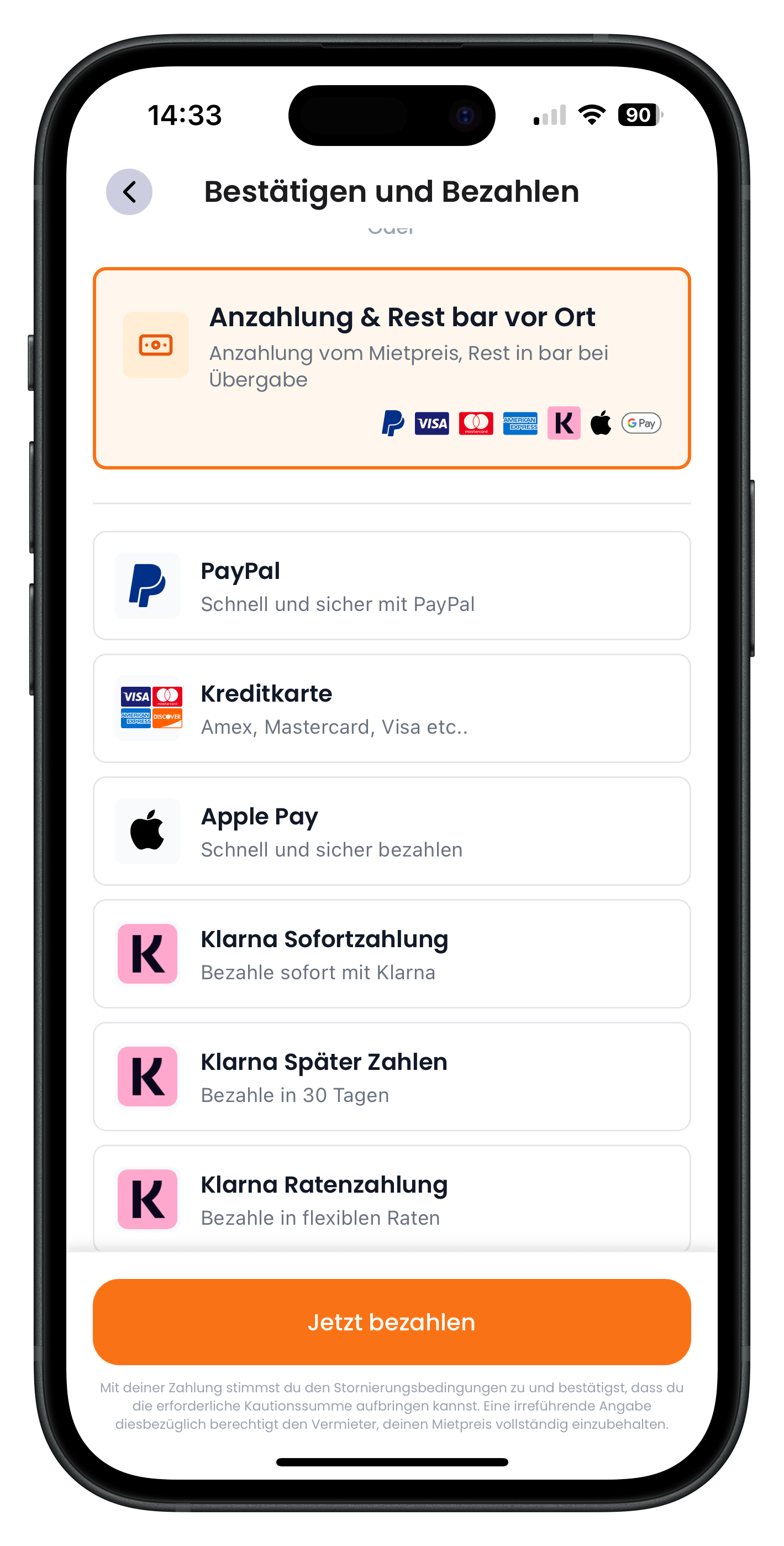 Drivable Zahlungsscreen mit ausgewählter Option Anzahlung und Rest bar vor Ort und aufgeklappten Zahlungsmethoden