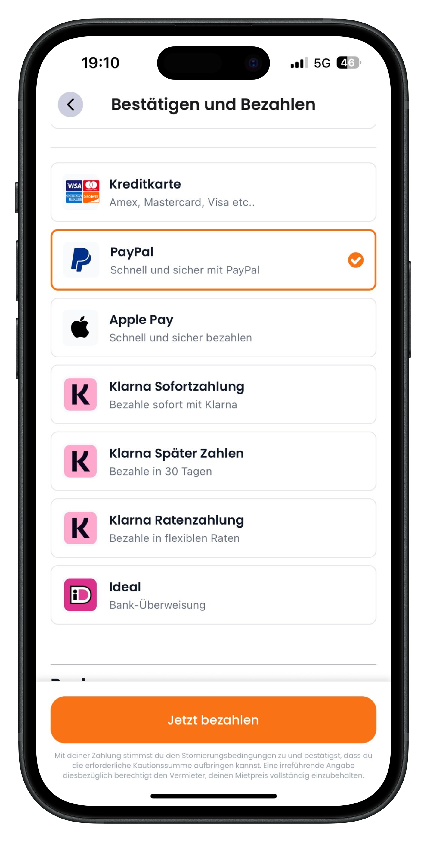 Drivable Liste der Zahlungsmethoden mit einer ausgewählten Methode samt orangefarbenem Häkchen und Button Jetzt bezahlen