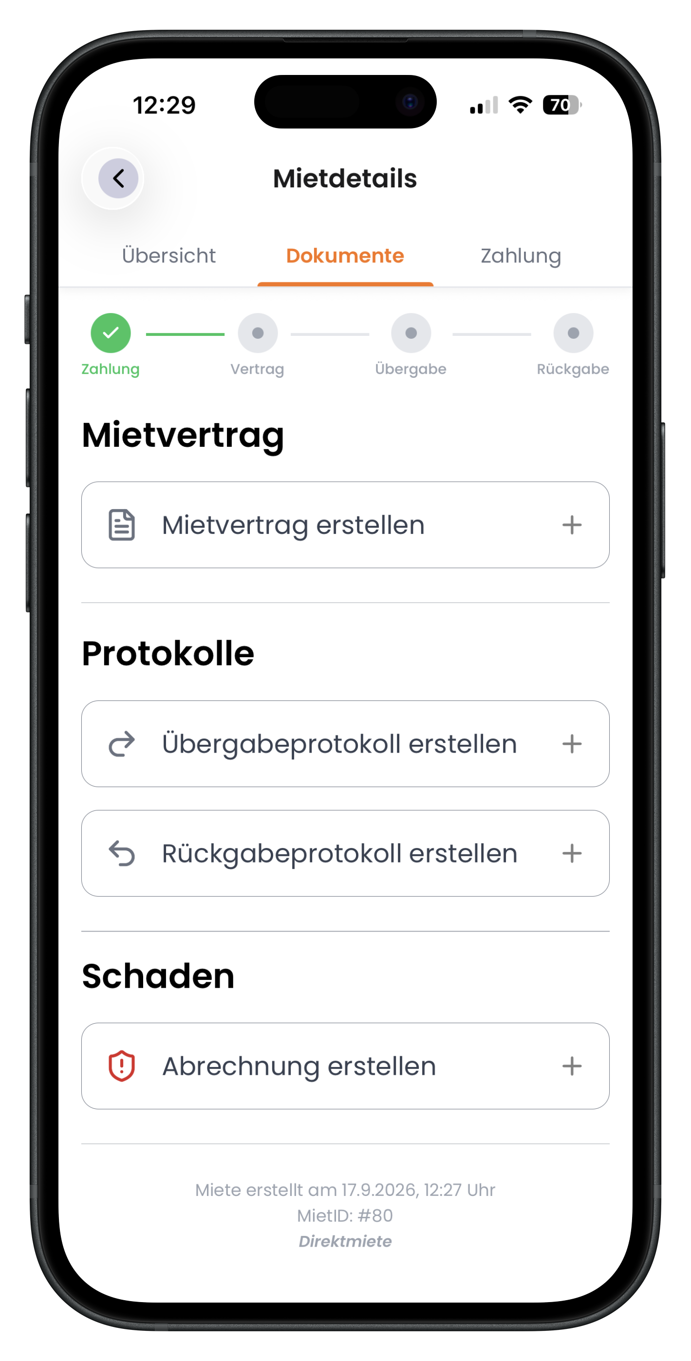 Tab Dokumente mit Fortschrittsbalken und der Aktion Mietvertrag erstellen