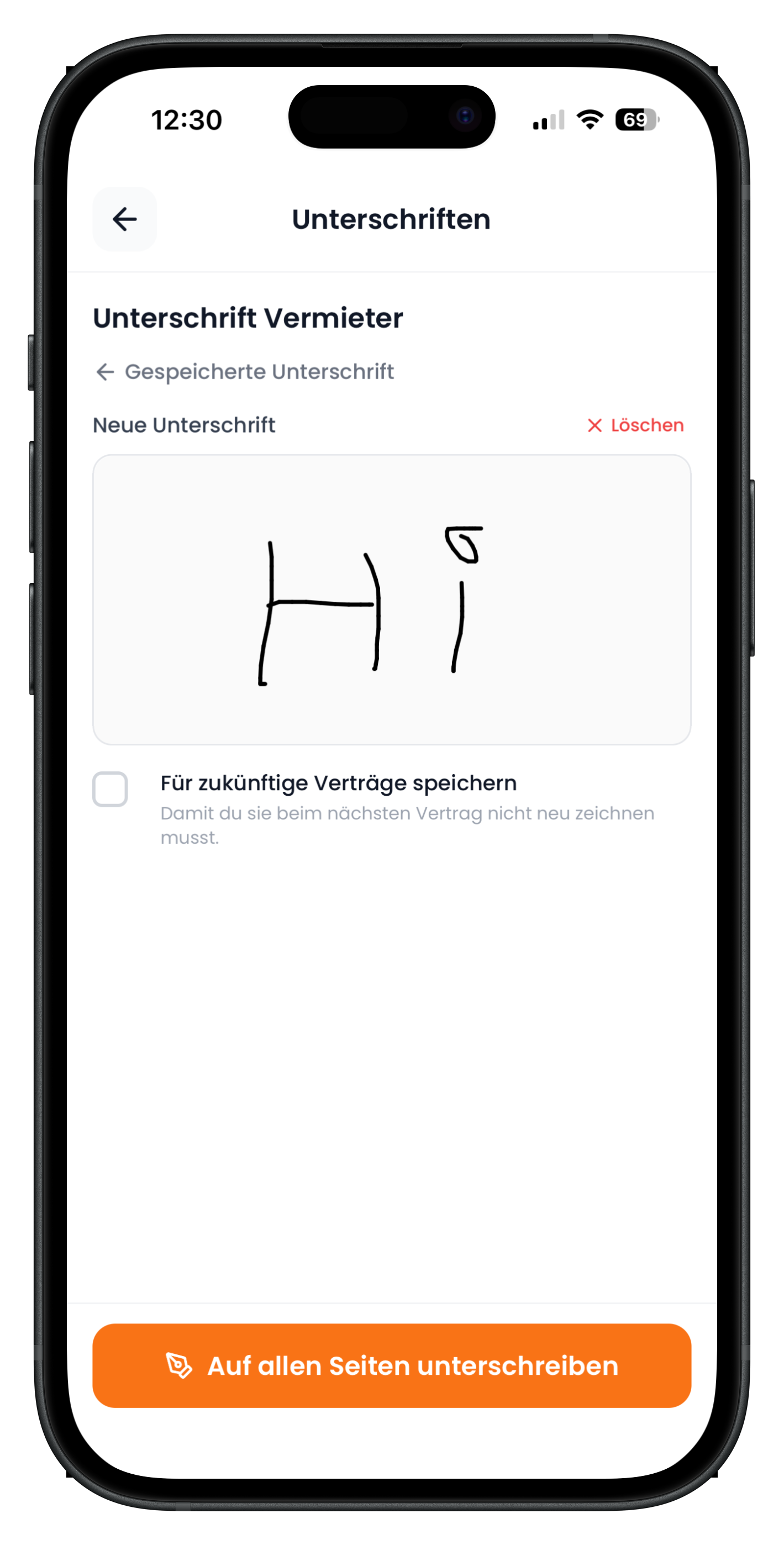 Neu gezeichnete Unterschrift mit der Option, sie für künftige Verträge zu speichern