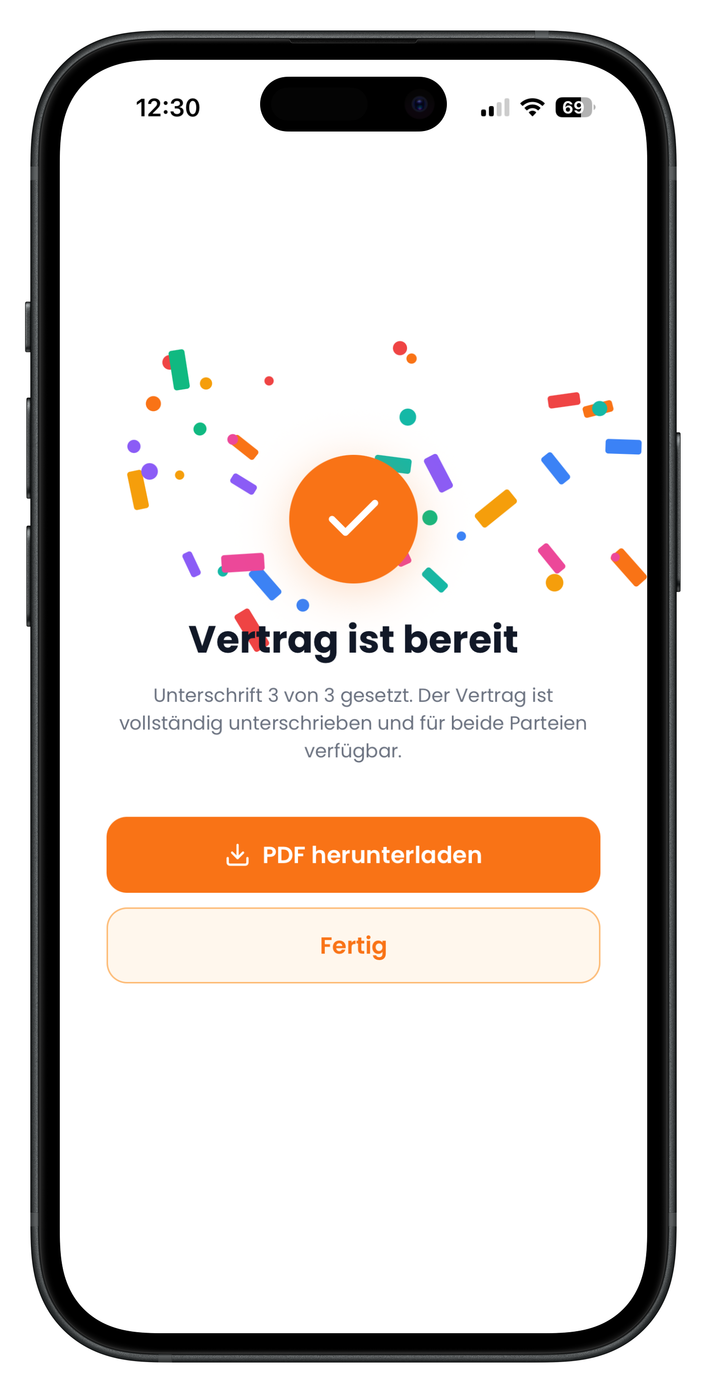 Erfolgsseite Vertrag ist bereit mit PDF-Download