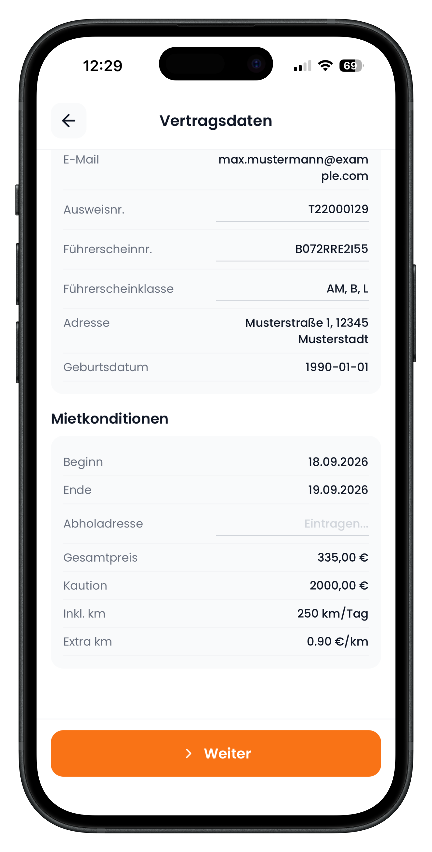 Block Mietkonditionen mit Beginn, Ende, Preis, Kaution und Kilometern