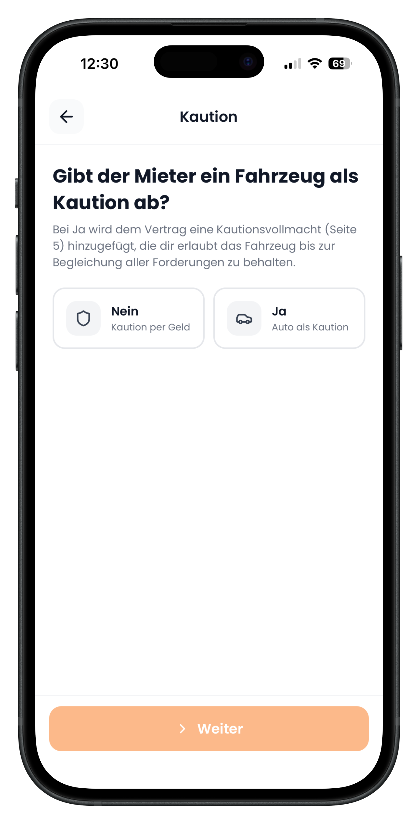 Kautionsfrage mit beiden Optionen und Hinweis auf die Kautionsvollmacht