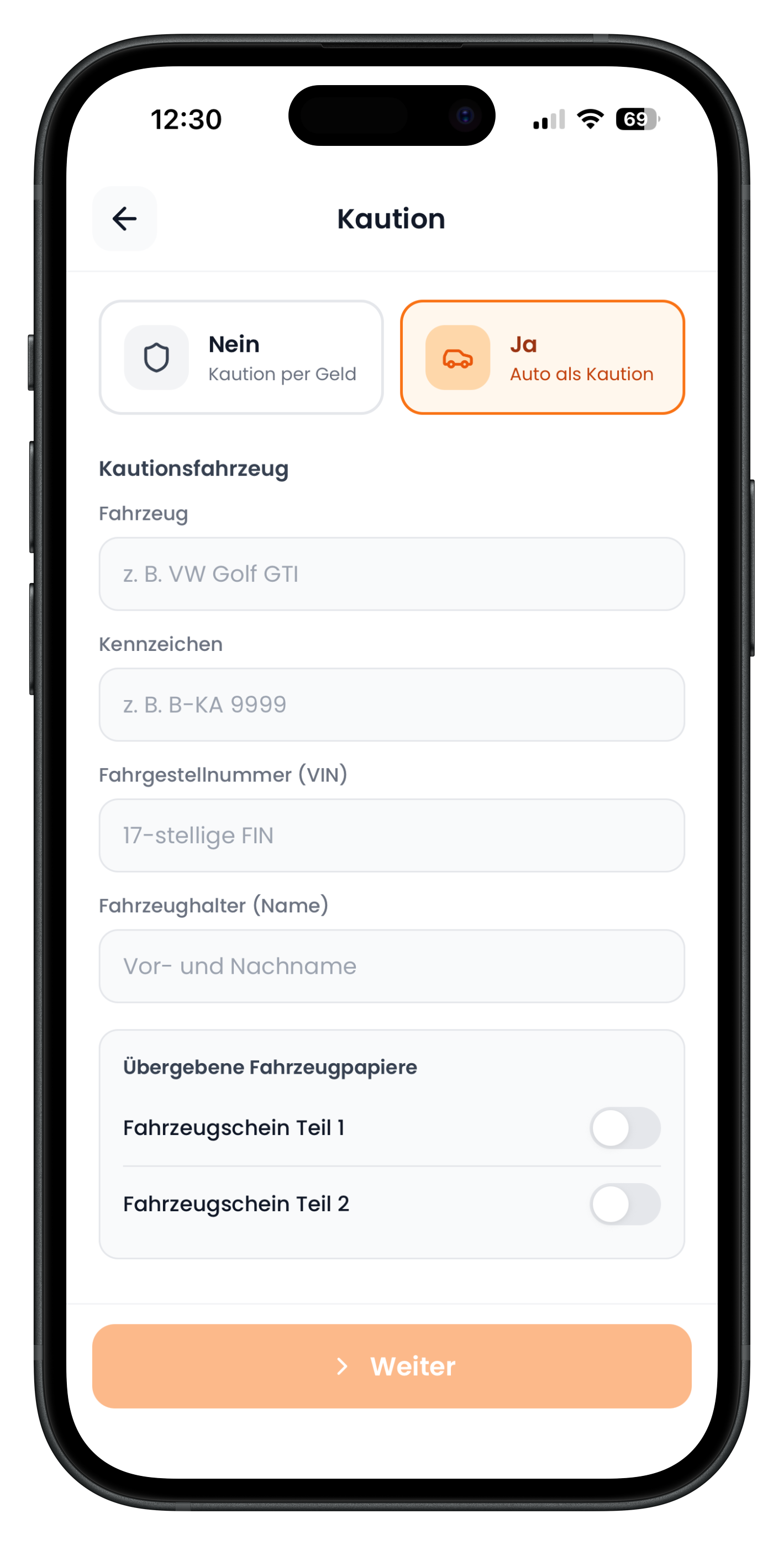 Formular für das Kautionsfahrzeug mit Feldern und Schaltern für die Fahrzeugscheine