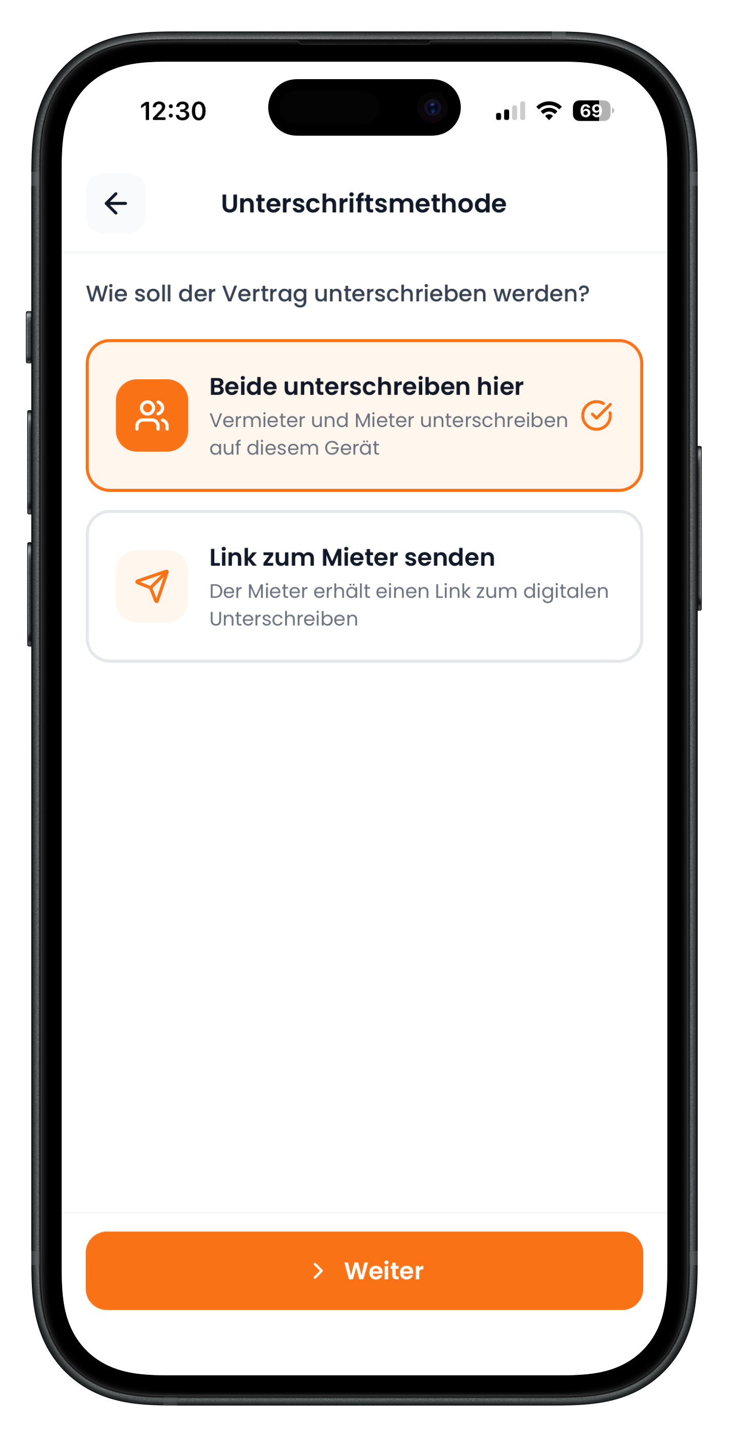 Auswahl der Unterschriftsmethode: beide hier oder Link zum Mieter