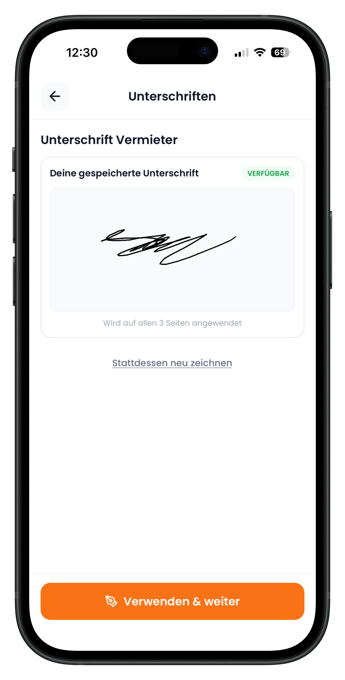 Gespeicherte Vermieter-Unterschrift mit Badge verfügbar