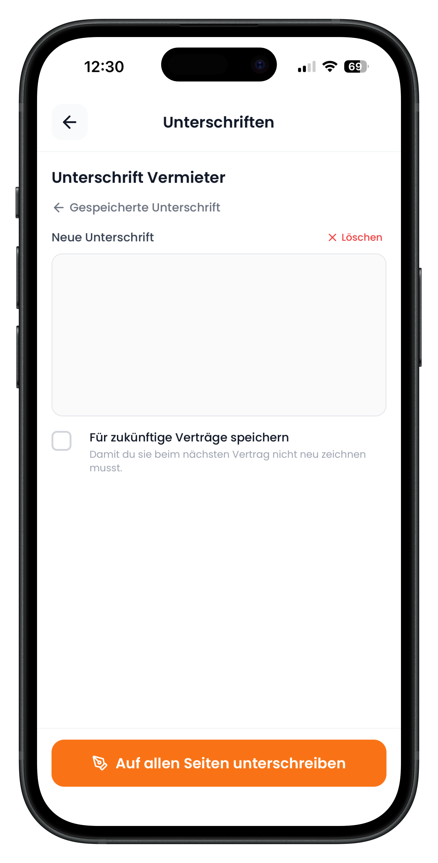 Leeres Unterschriftsfeld mit der Option, die Unterschrift zu speichern