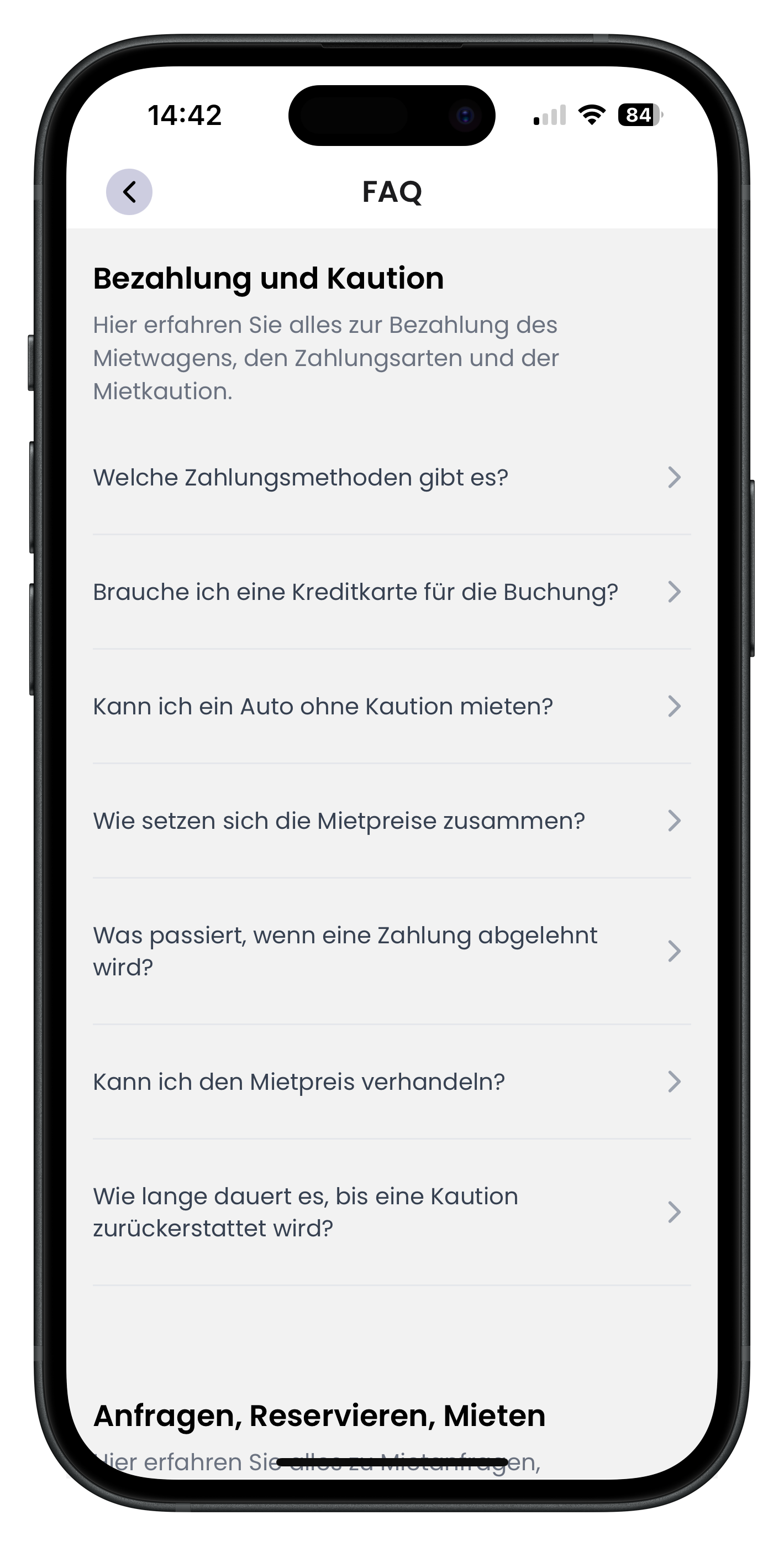 FAQ-Übersicht in der Drivable App mit dem Themenbereich Bezahlung und Kaution