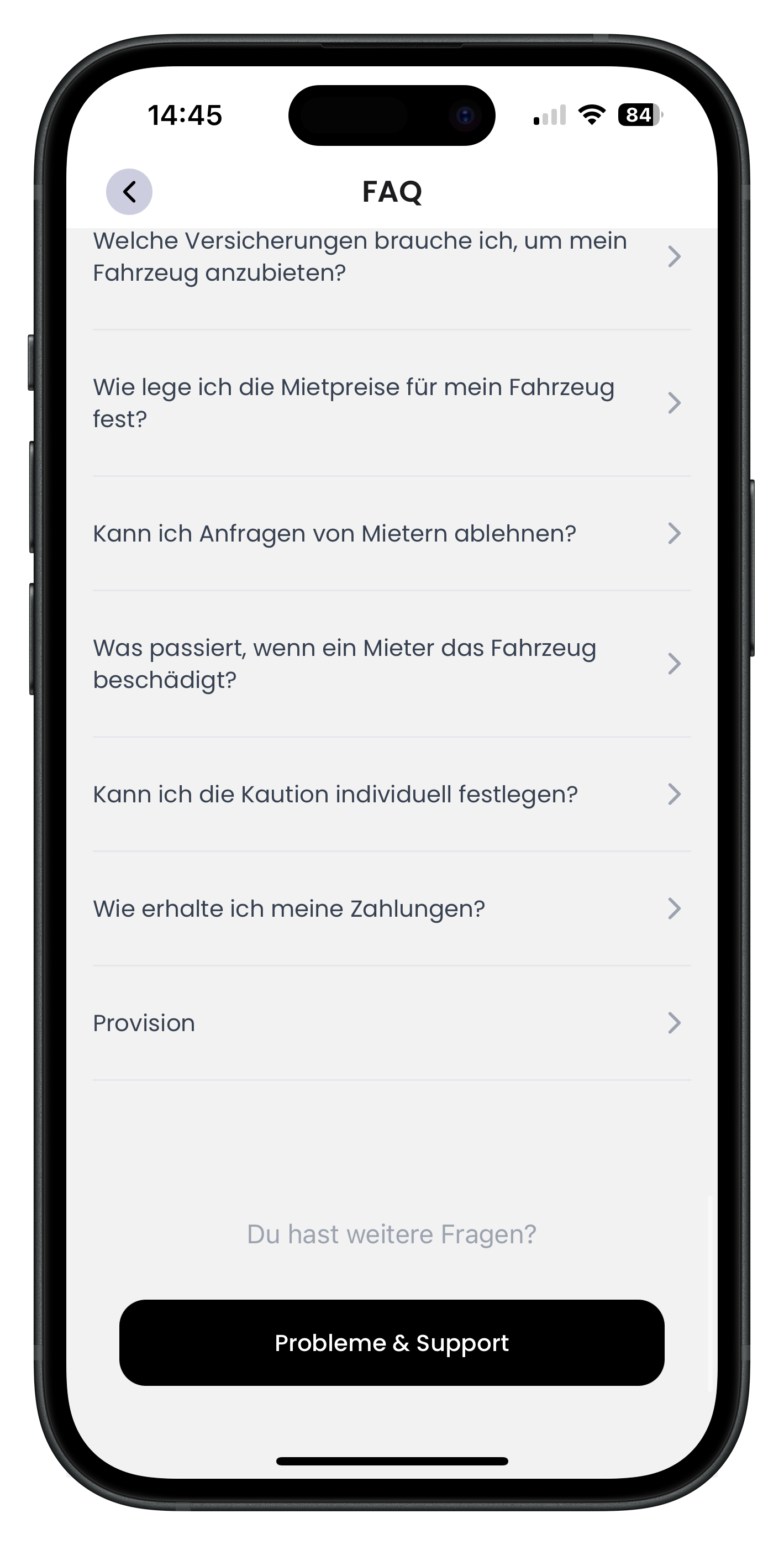 Unteres Ende der FAQ mit dem schwarzen Button Probleme und Support