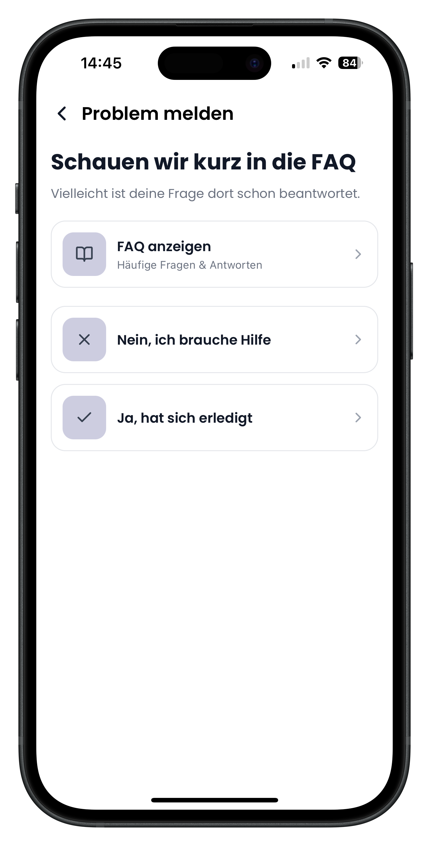 Auswahlbildschirm Schauen wir kurz in die FAQ mit drei Optionen