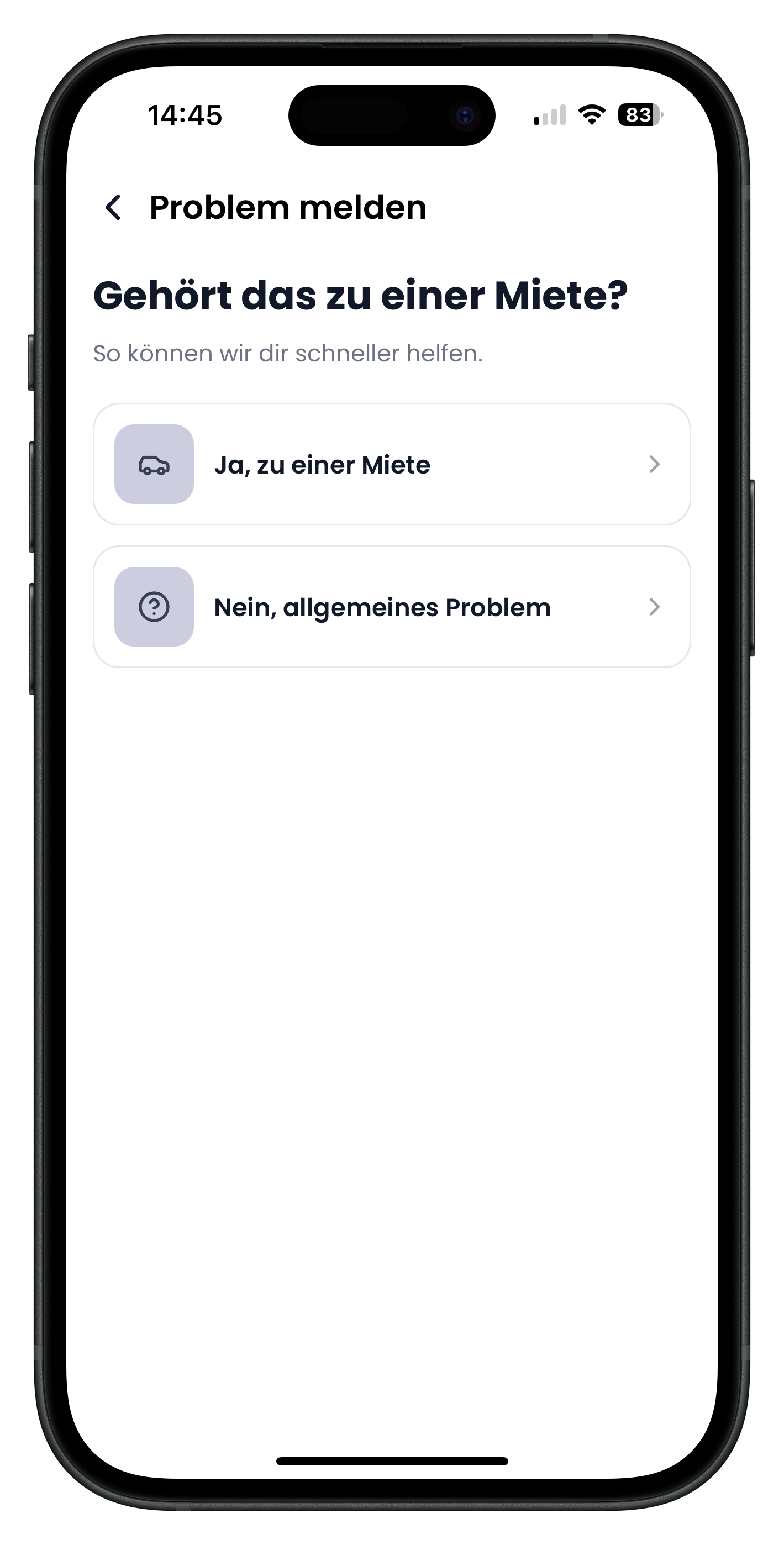 Bildschirm Gehört das zu einer Miete mit den Optionen Ja zu einer Miete und Nein allgemeines Problem