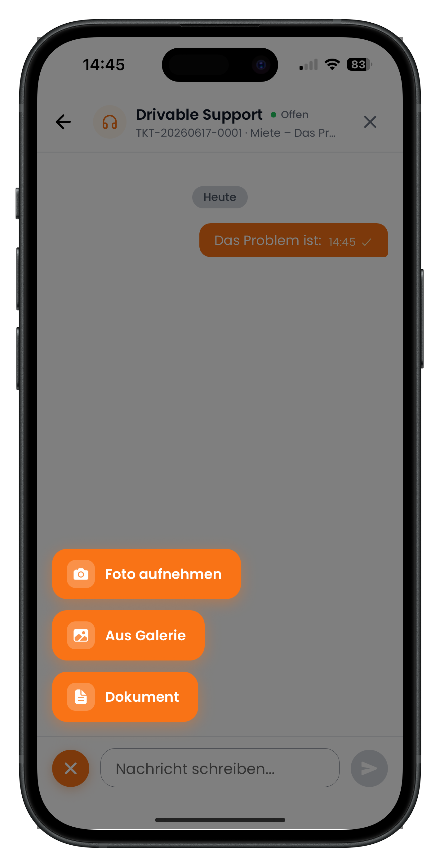 Chat mit dem Drivable Support mit den Upload-Optionen Foto aufnehmen, Aus Galerie und Dokument