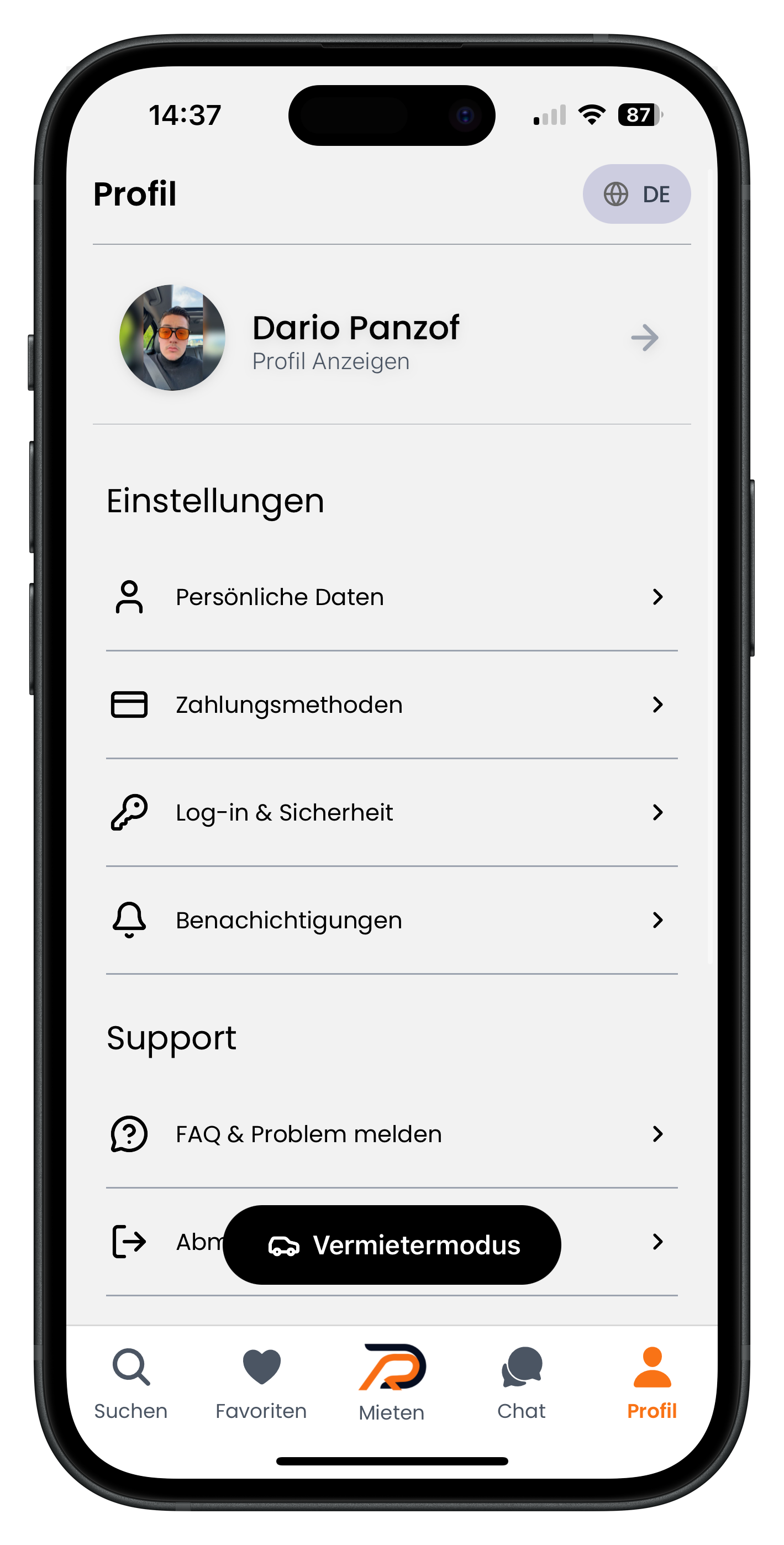 Drivable Profil-Übersicht mit Profilkarte und Einstellungen-Menü