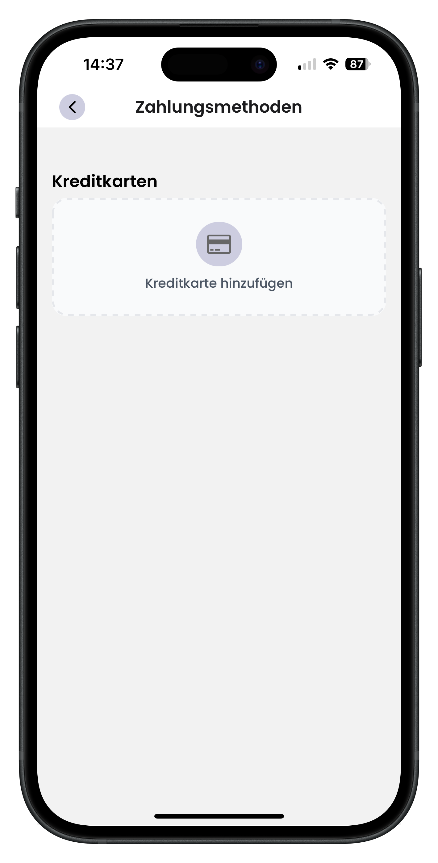 Zahlungsmethoden-Seite in der Drivable App mit der Schaltfläche Kreditkarte hinzufügen