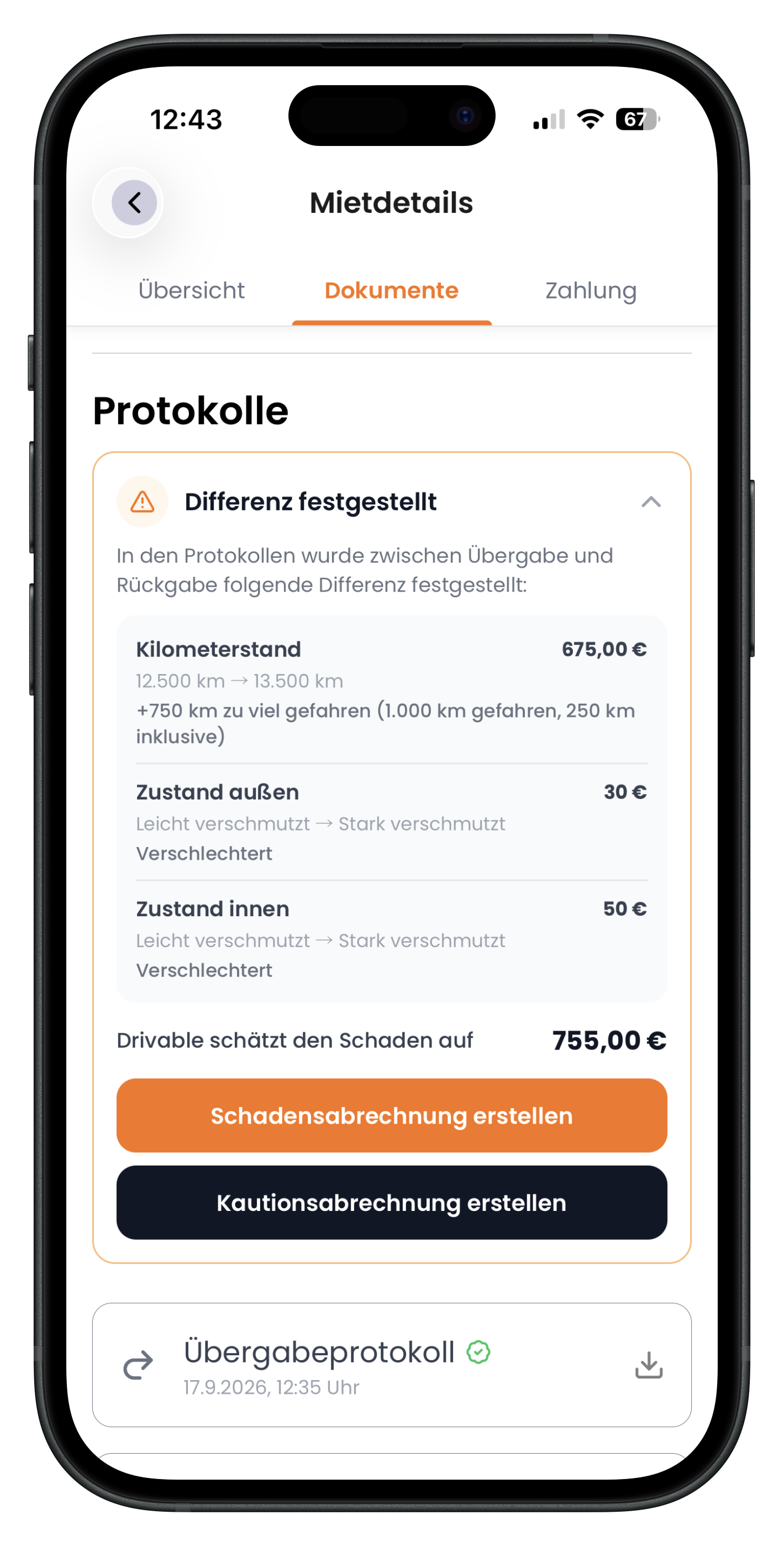 Karte Differenz festgestellt mit Kilometerstand, Zustand außen und innen sowie Gesamtschätzung 755 Euro