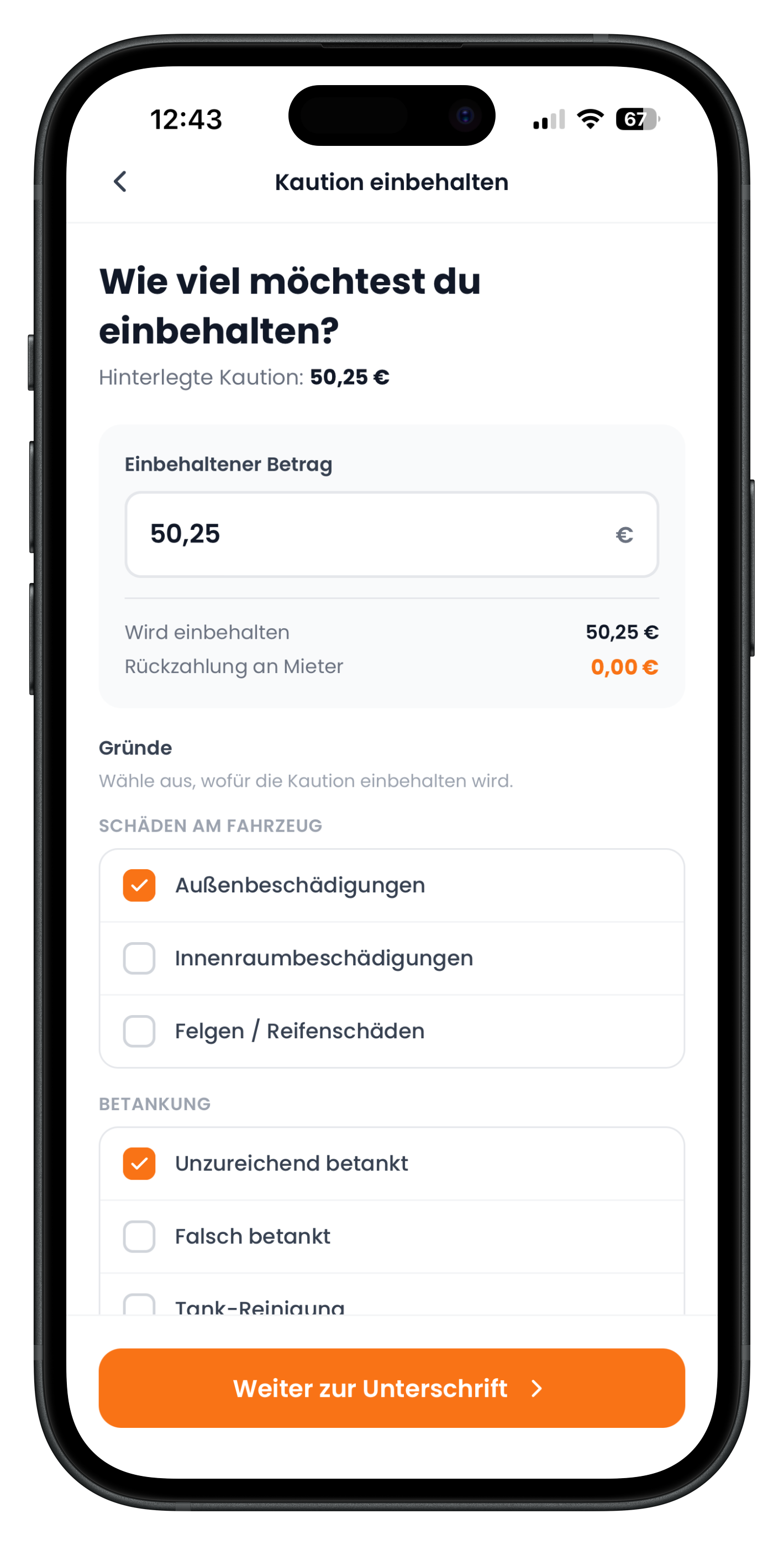 Kaution einbehalten mit Betragsfeld 50,25 Euro und Auswahlkästchen für die Gründe