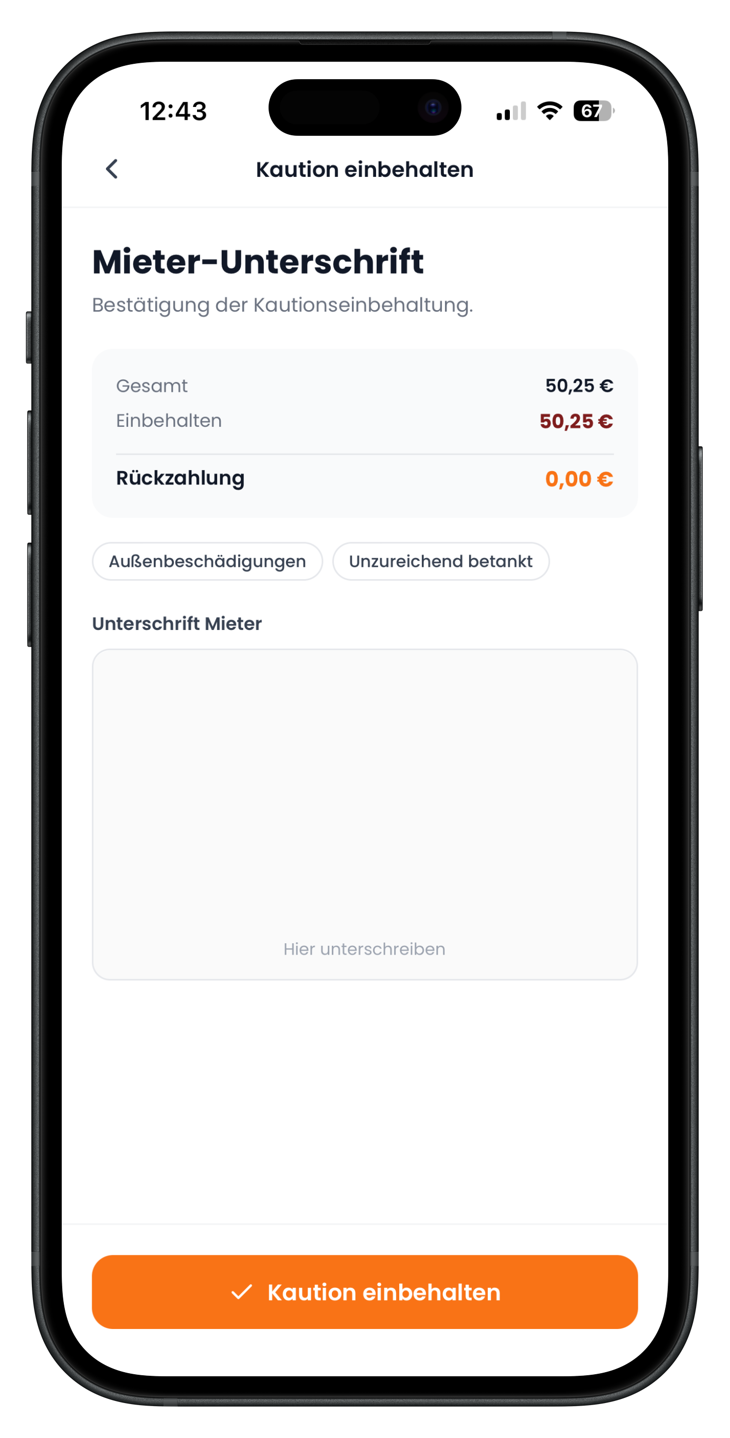 Bestätigungsseite mit Summen, Gründen und leerem Unterschriftenfeld für den Mieter