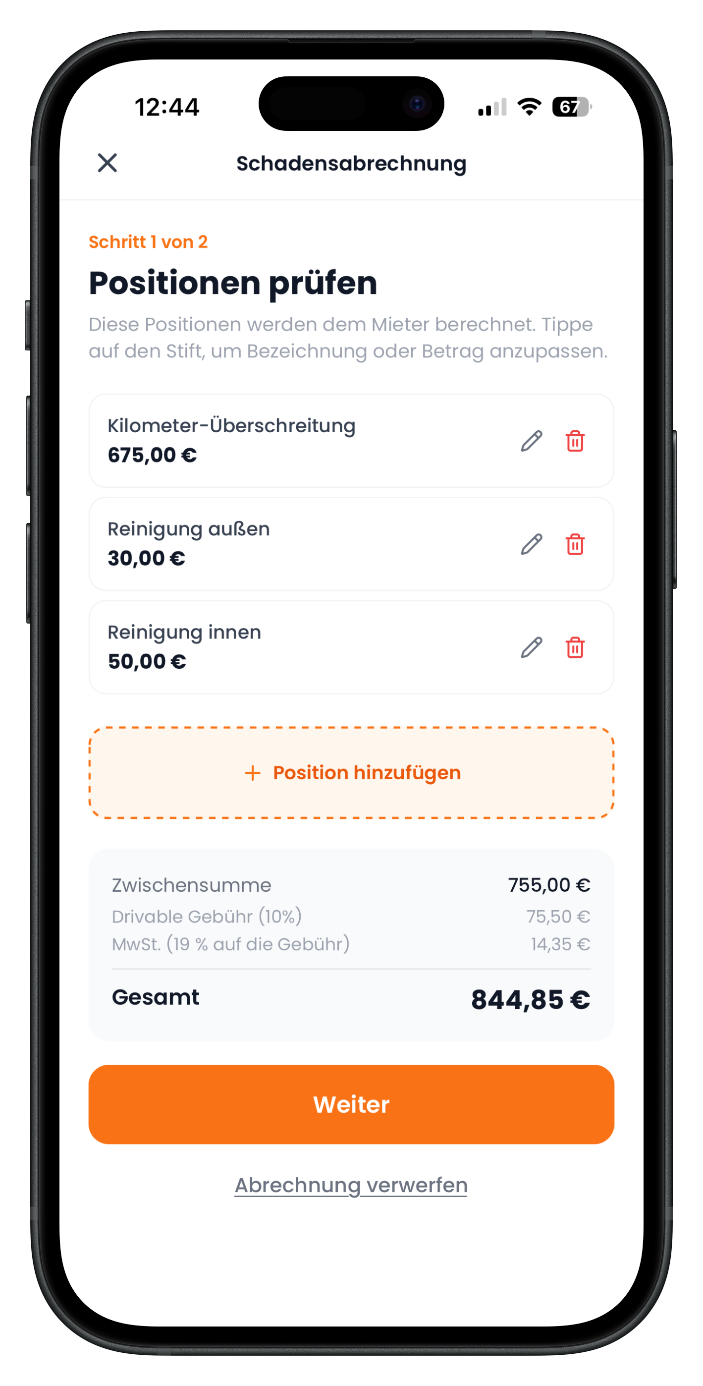 Schadensabrechnung Schritt 1 mit drei Positionen, Gebühr, Mehrwertsteuer und Gesamtsumme