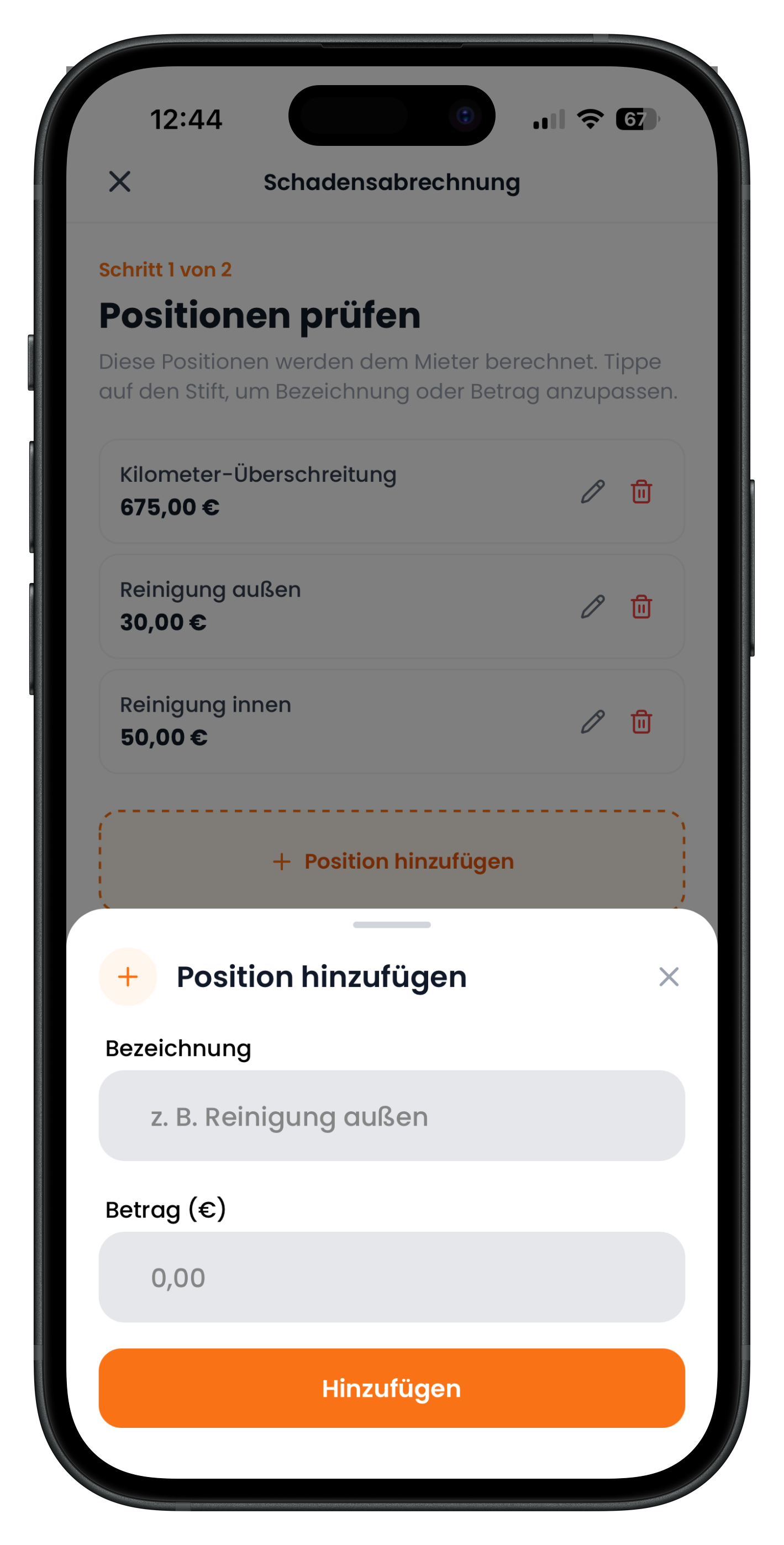 Eingabefenster für eine eigene Position mit Bezeichnung und Betrag