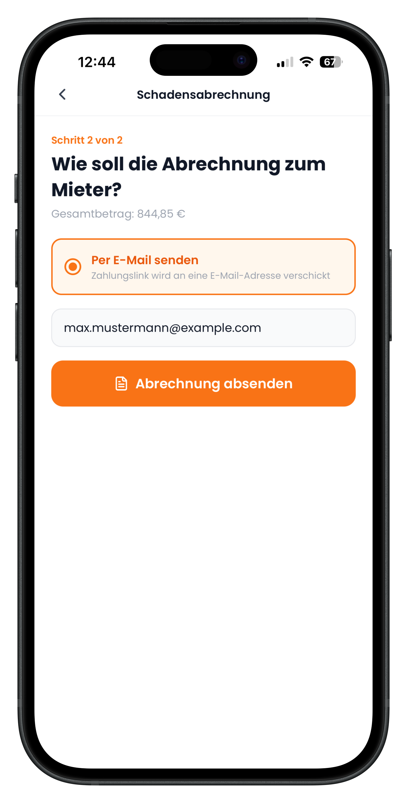 Schritt 2 mit Versand per E-Mail, Adressfeld und Button Abrechnung absenden